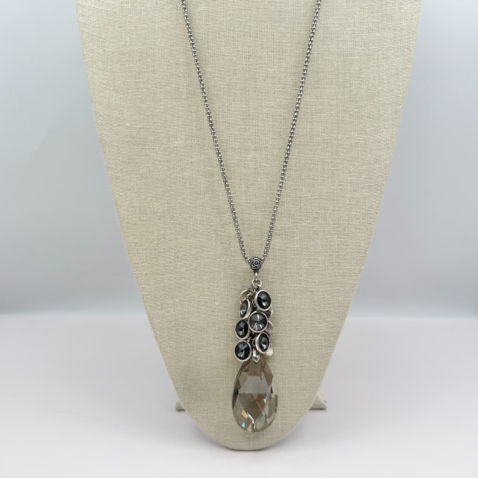 Vintage 80s Silver Tone Large Smokey Quartz Teardrop Statement Necklace Jewelry - Thumbnail 8