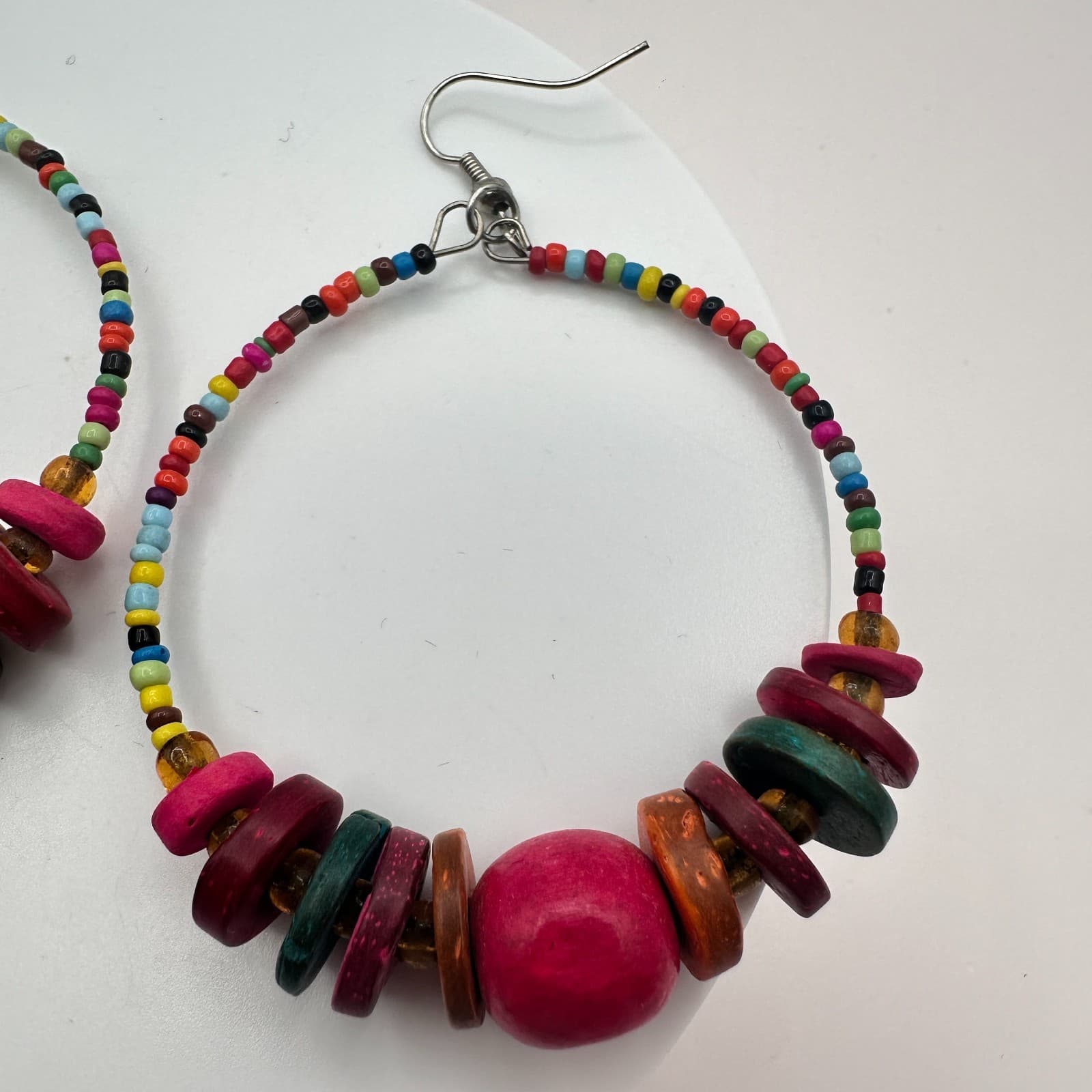 Vintage 80s 90s Wood & Glass Bead Hoop Earrings Boho Festival Fashion Jewelry - Thumbnail 7