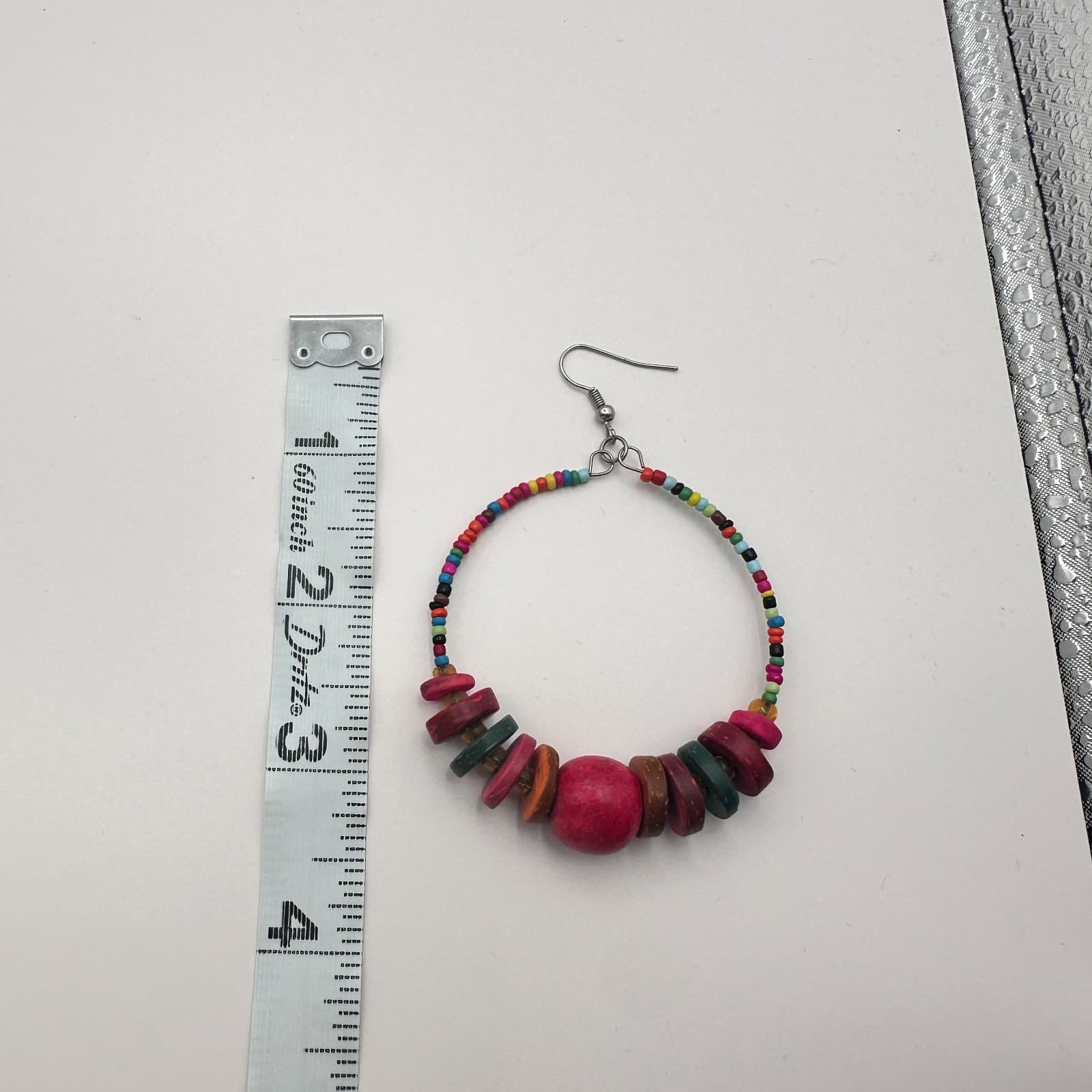 Vintage 80s 90s Wood & Glass Bead Hoop Earrings Boho Festival Fashion Jewelry - Thumbnail 8