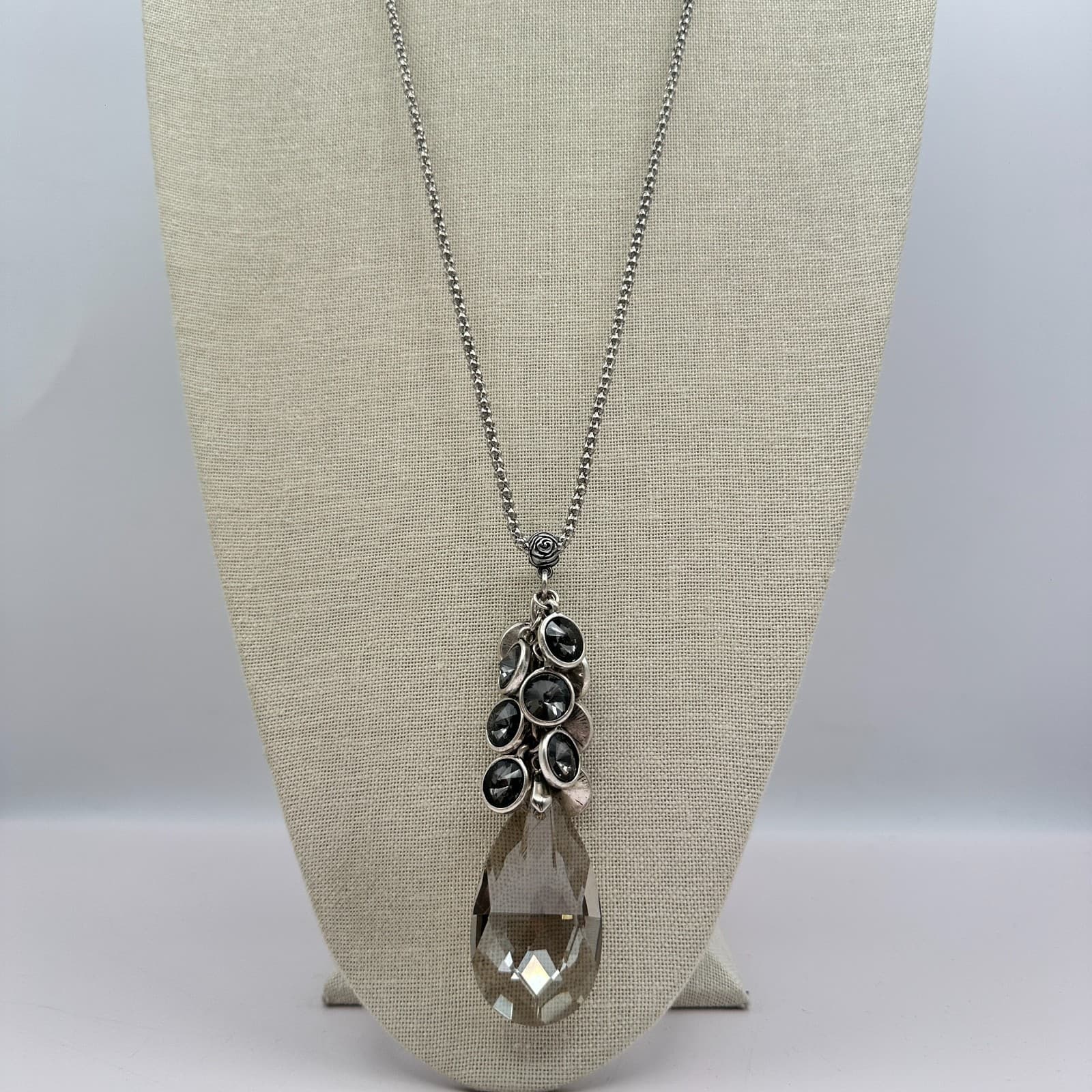 Vintage 80s Silver Tone Large Smokey Quartz Teardrop Statement Necklace Jewelry