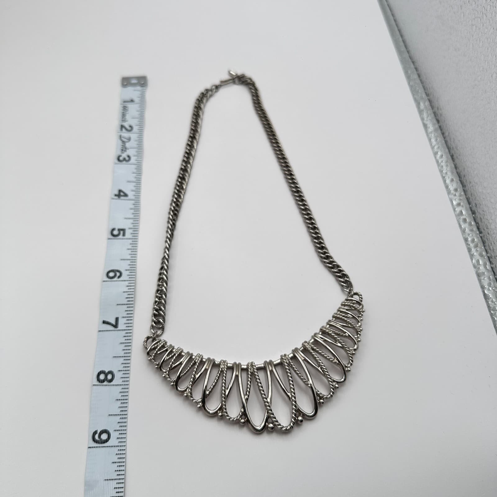 Vintage 90s Silver Tone Bib Necklace Rope Open Looping Link Statement Jewelry - Thumbnail 9