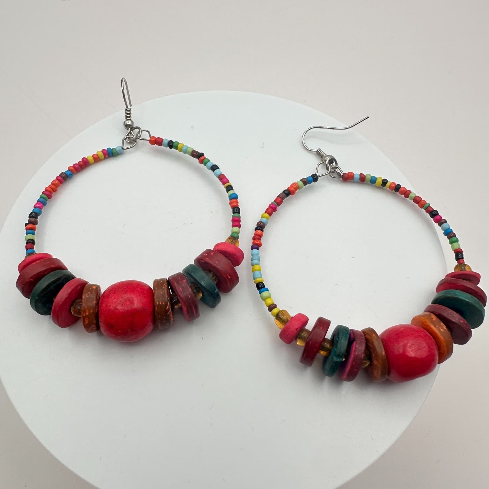 Vintage 80s 90s Wood & Glass Bead Hoop Earrings Boho Festival Fashion Jewelry - Thumbnail 3