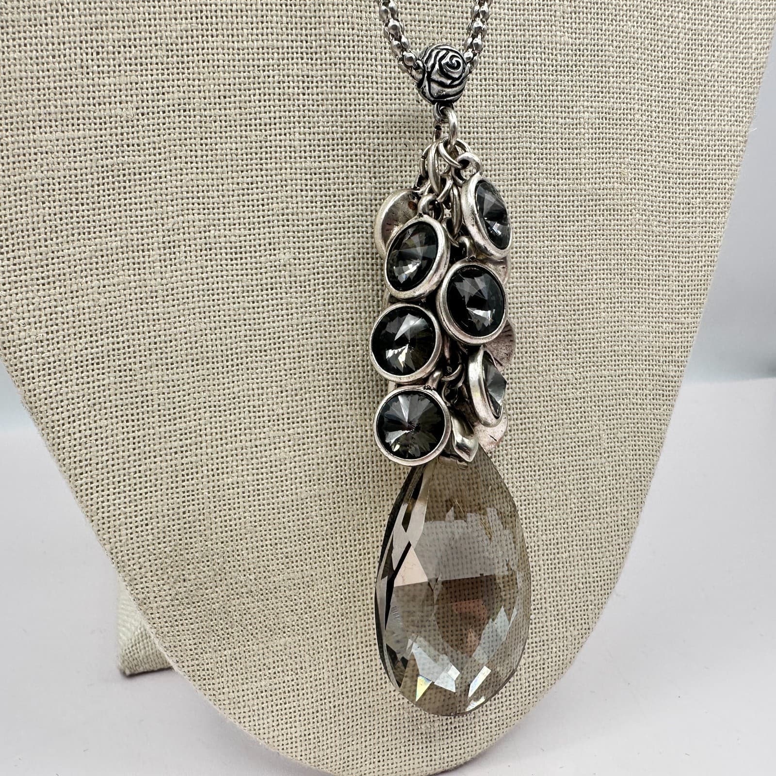 Vintage 80s Silver Tone Large Smokey Quartz Teardrop Statement Necklace Jewelry - Thumbnail 3