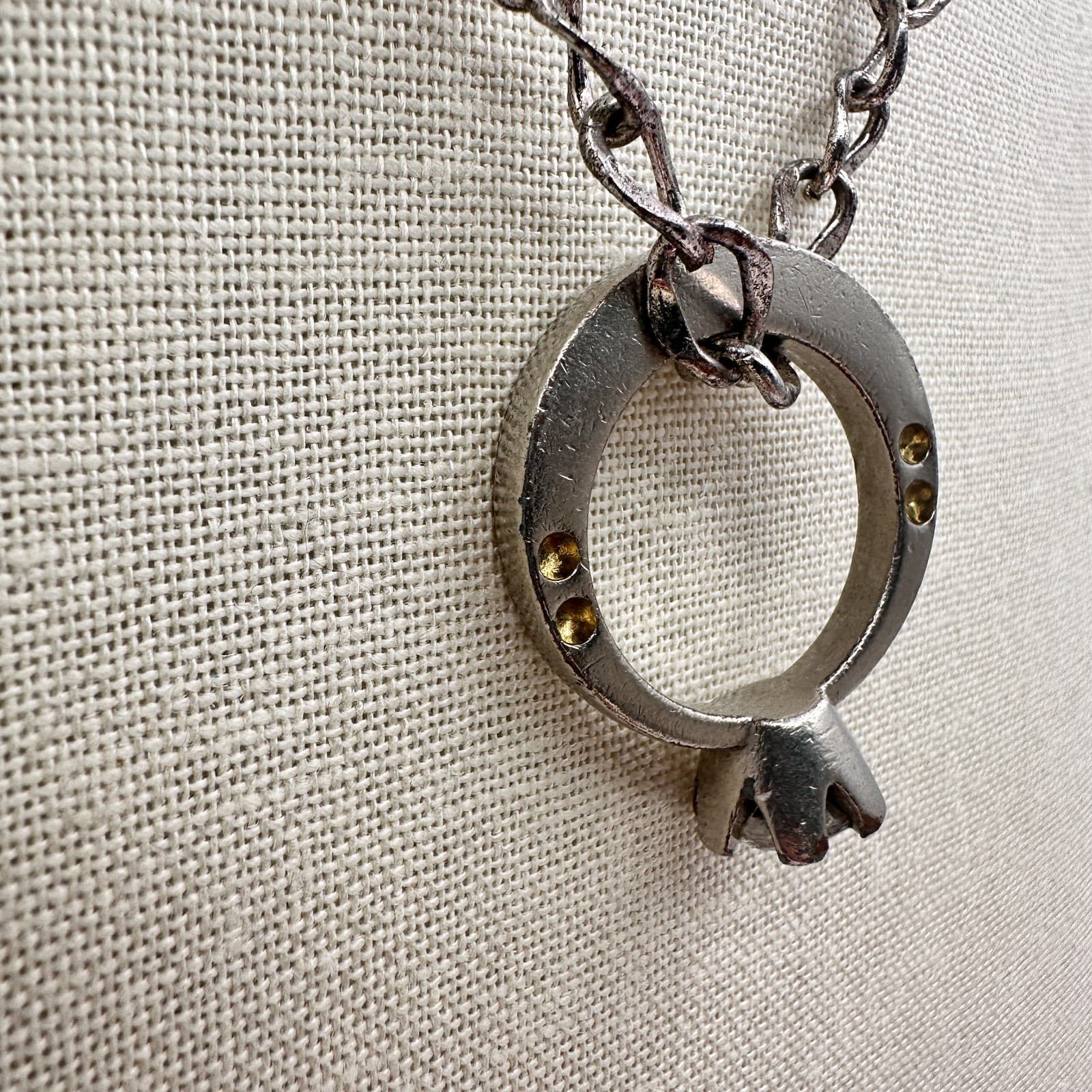 Vintage 90s Clear Rhinestone Ring Pendant Necklace Silver Tone Curb Chain - Thumbnail 4