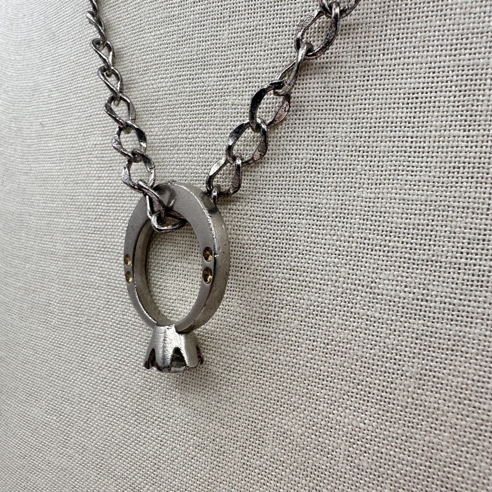 Vintage 90s Clear Rhinestone Ring Pendant Necklace Silver Tone Curb Chain - Thumbnail 5