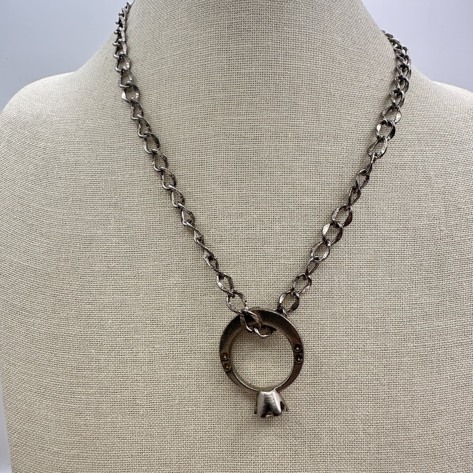 Vintage 90s Clear Rhinestone Ring Pendant Necklace Silver Tone Curb Chain - Thumbnail 2