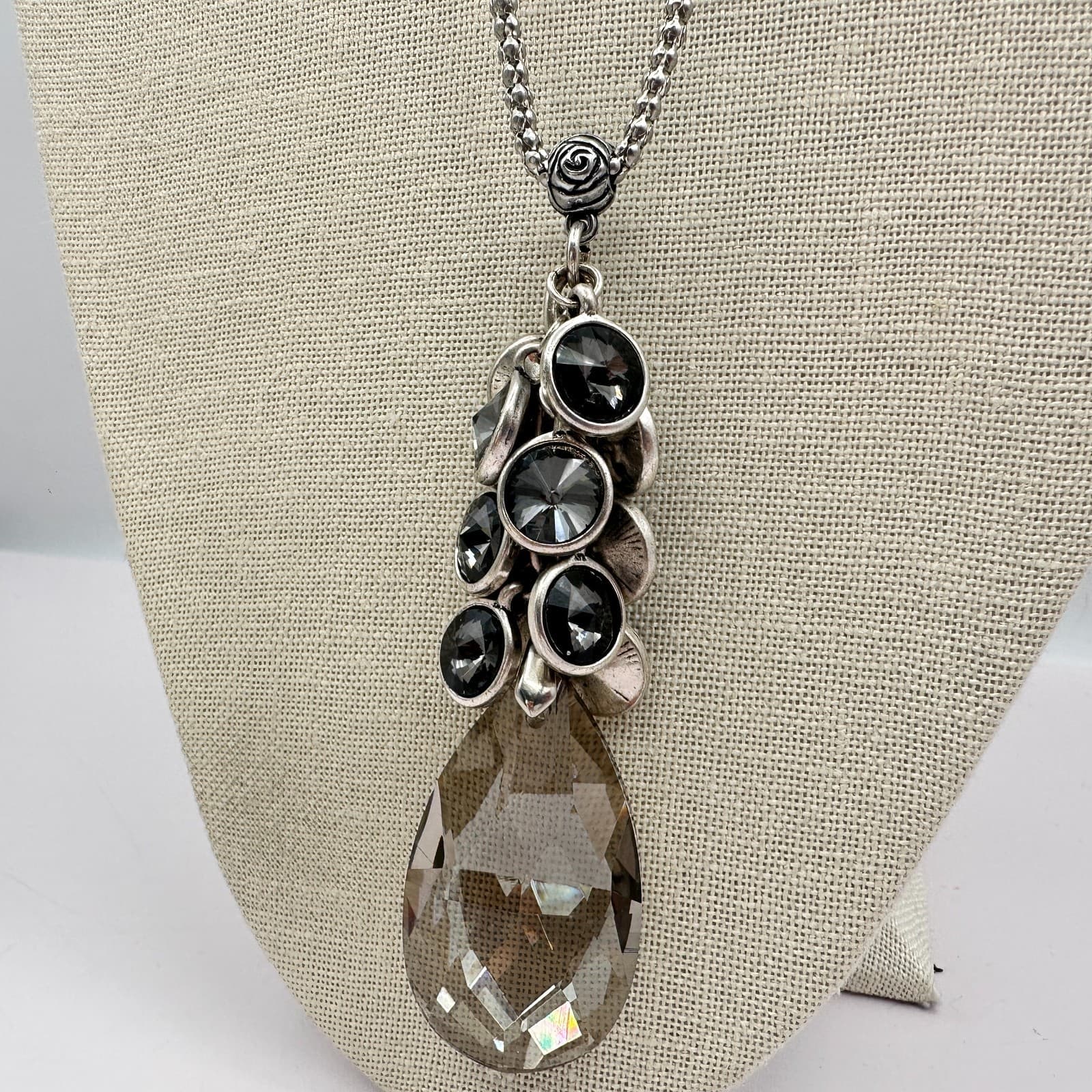 Vintage 80s Silver Tone Large Smokey Quartz Teardrop Statement Necklace Jewelry - Thumbnail 4