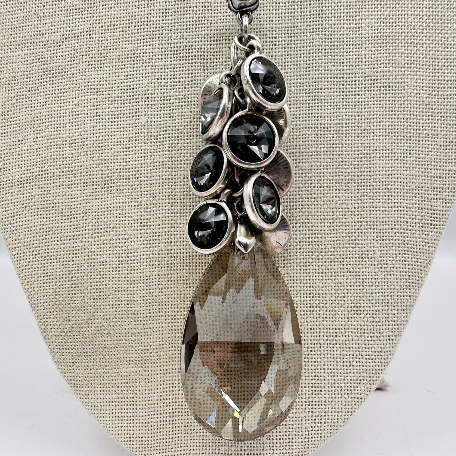 Vintage 80s Silver Tone Large Smokey Quartz Teardrop Statement Necklace Jewelry - Thumbnail 2