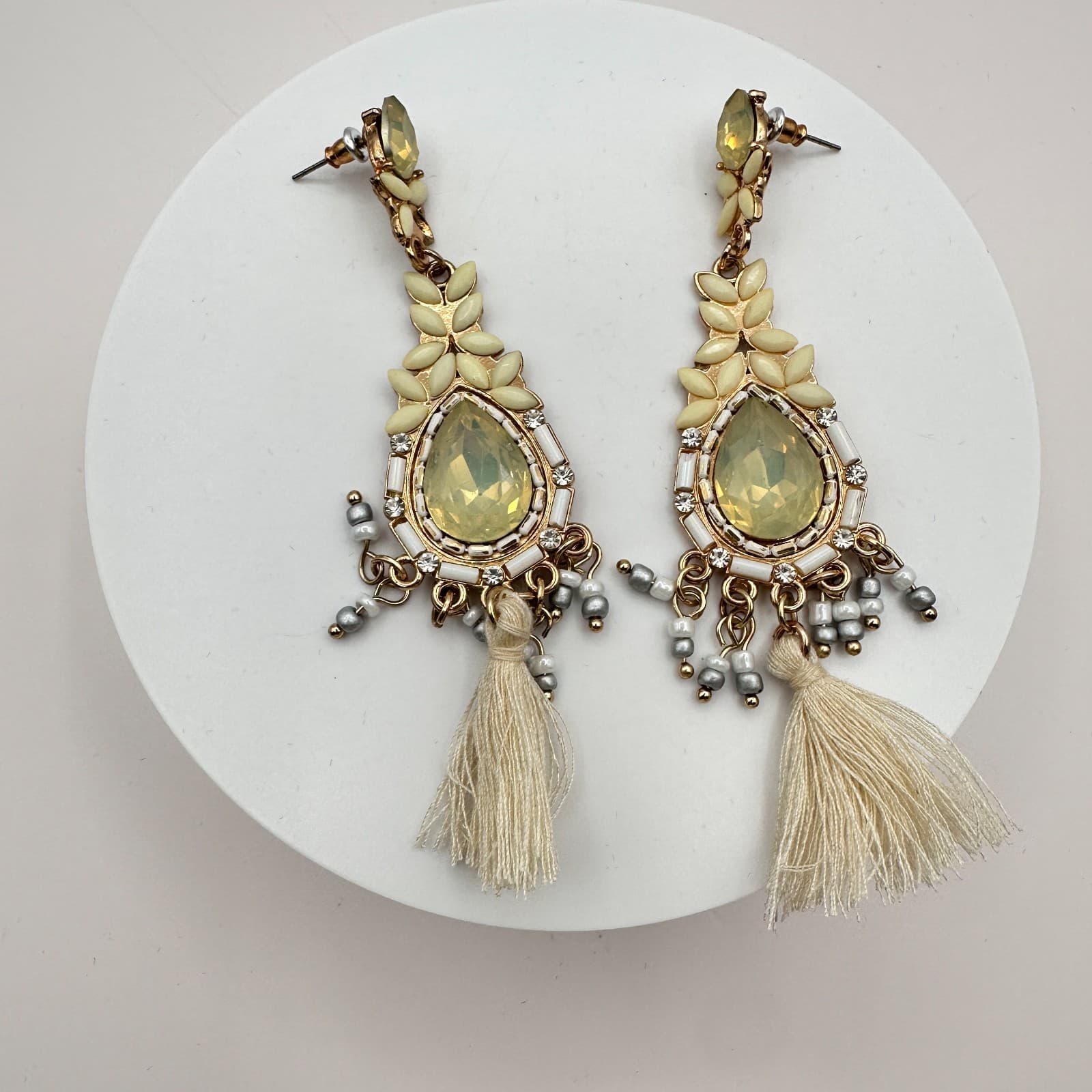 VTG 90s Y2K Rhinestone Beaded Tassel Teardrop Earrings Gold Tone Boho Jewelry - Thumbnail 2