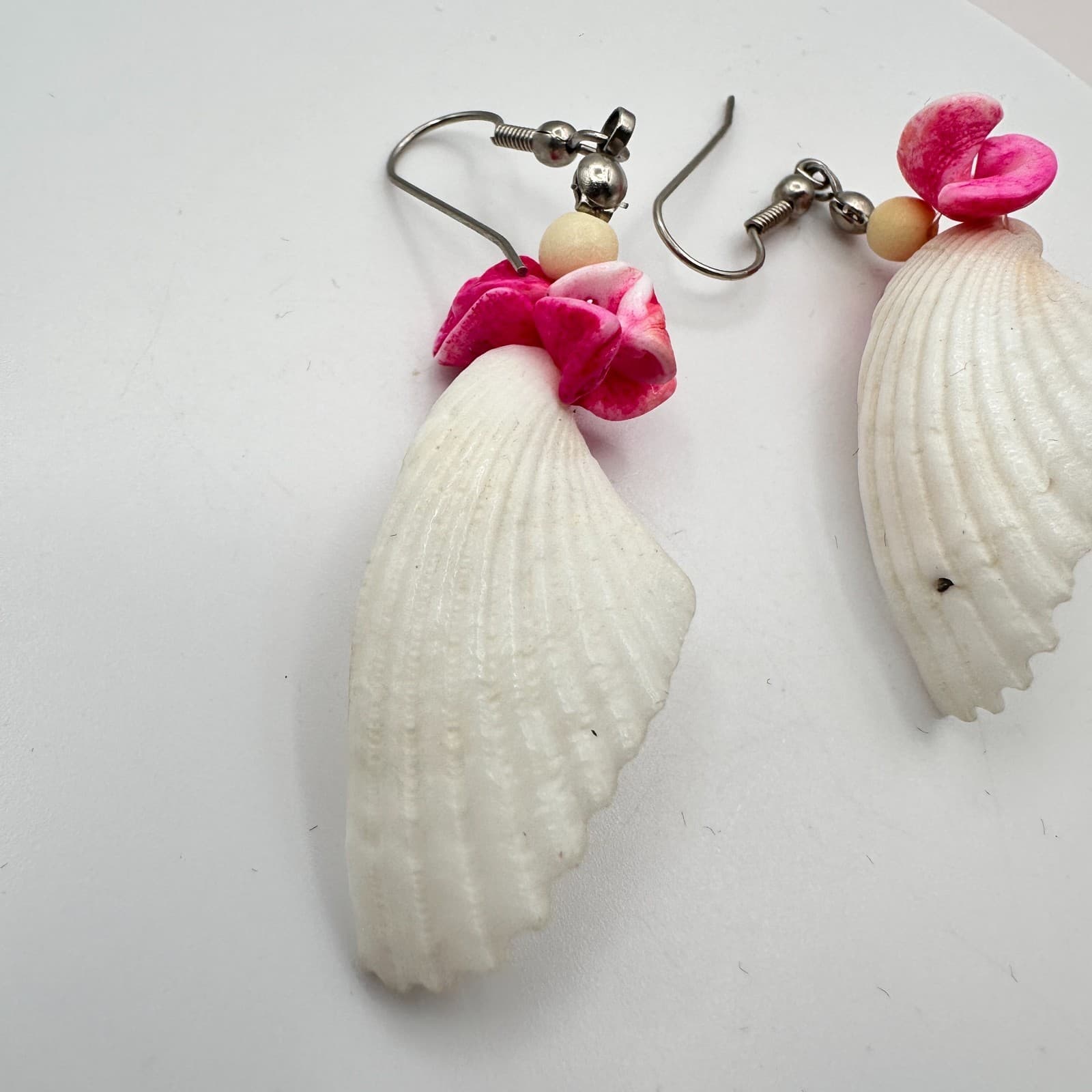 Vintage Y2K Silver Tone Pink Floral White Sea Shell Dangle Earrings Jewelry - Thumbnail 4