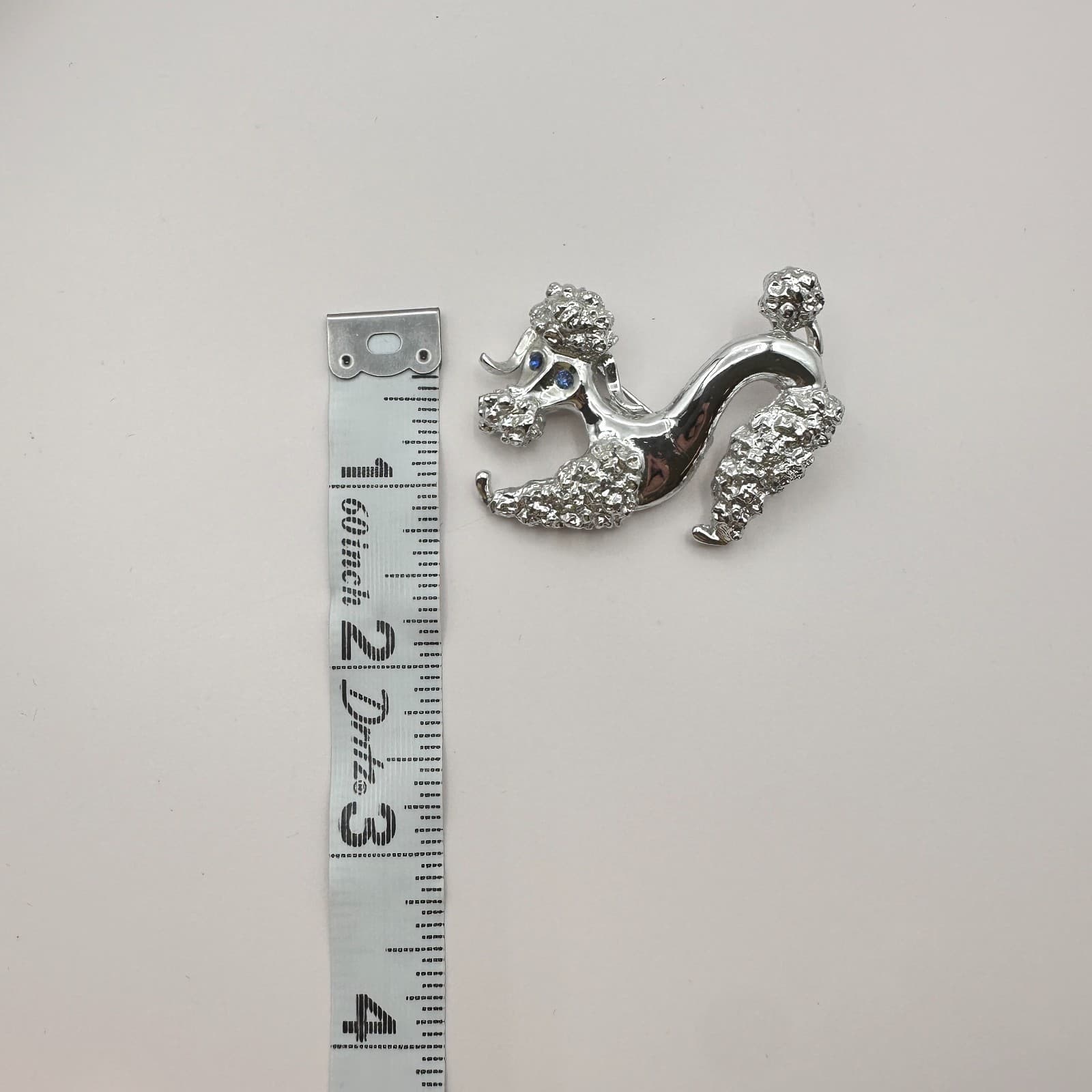 Vintage 60s Mid-Century Silver Tone Poodle Dog Brooch Blue Glass Eyes Textured - Thumbnail 8