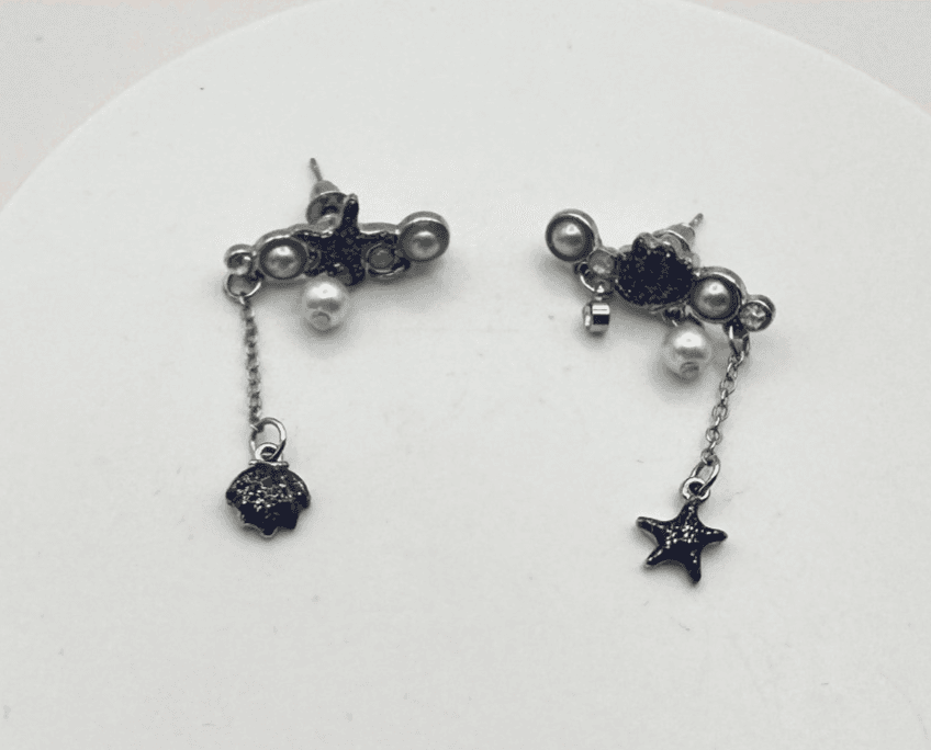 Vintage 90s Sea Shell Starfish Dangle Earrings Glitter Faux Pearl AB Rhinestone - Thumbnail 2