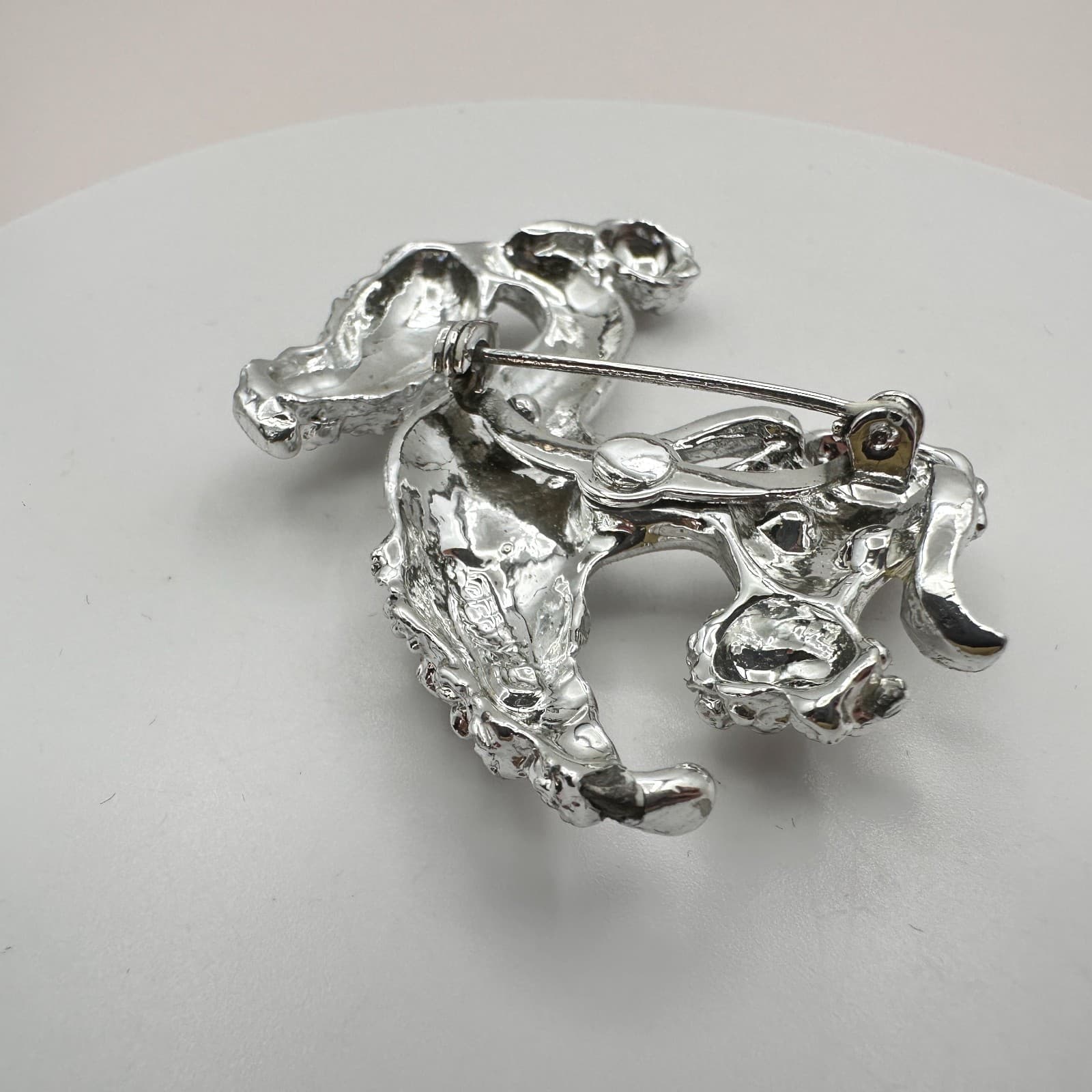 Vintage 60s Mid-Century Silver Tone Poodle Dog Brooch Blue Glass Eyes Textured - Thumbnail 6