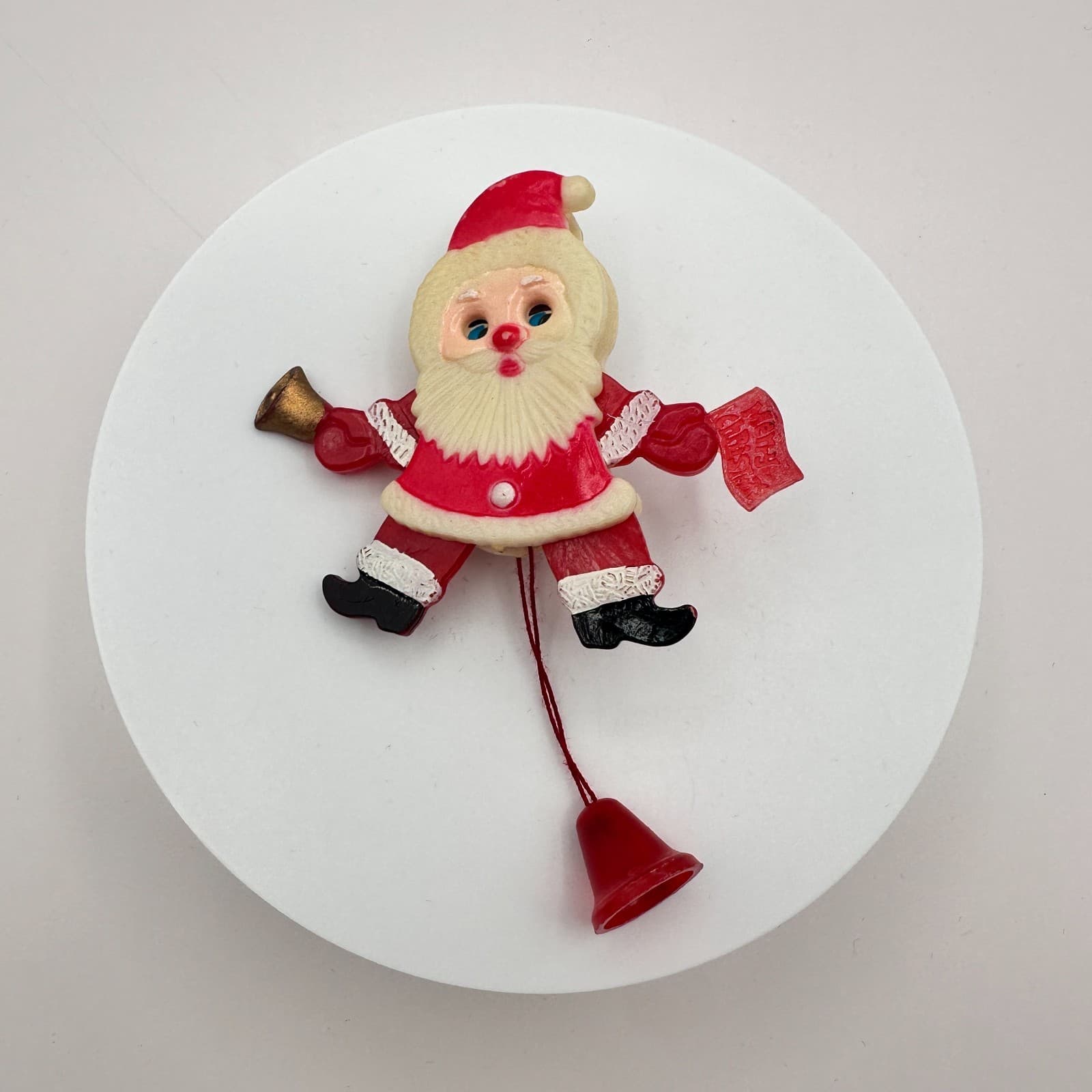 Vintage 80s Santa Claus Brooch Red White Plastic Dangle Bell Christmas Pin - Thumbnail 3