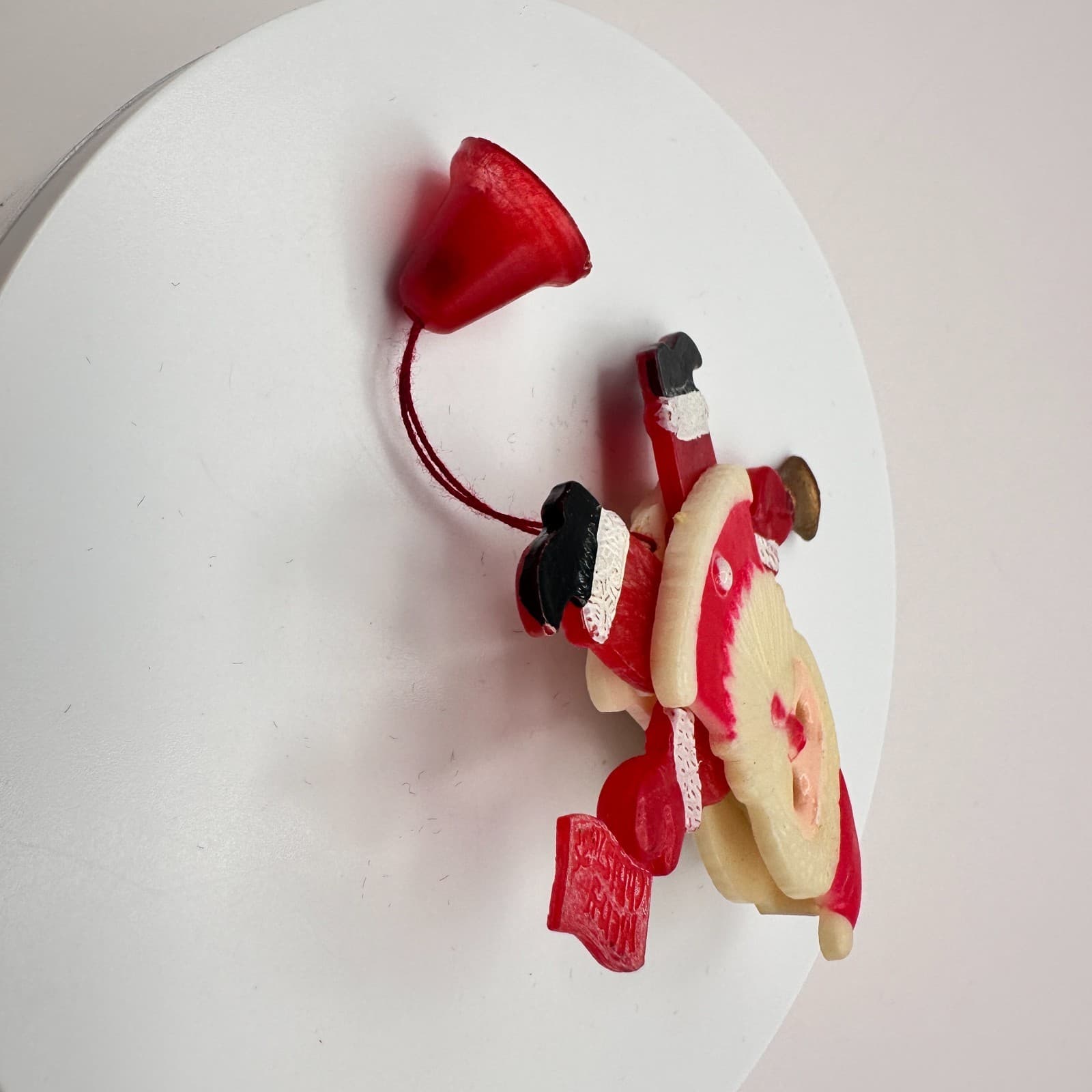Vintage 80s Santa Claus Brooch Red White Plastic Dangle Bell Christmas Pin - Thumbnail 4