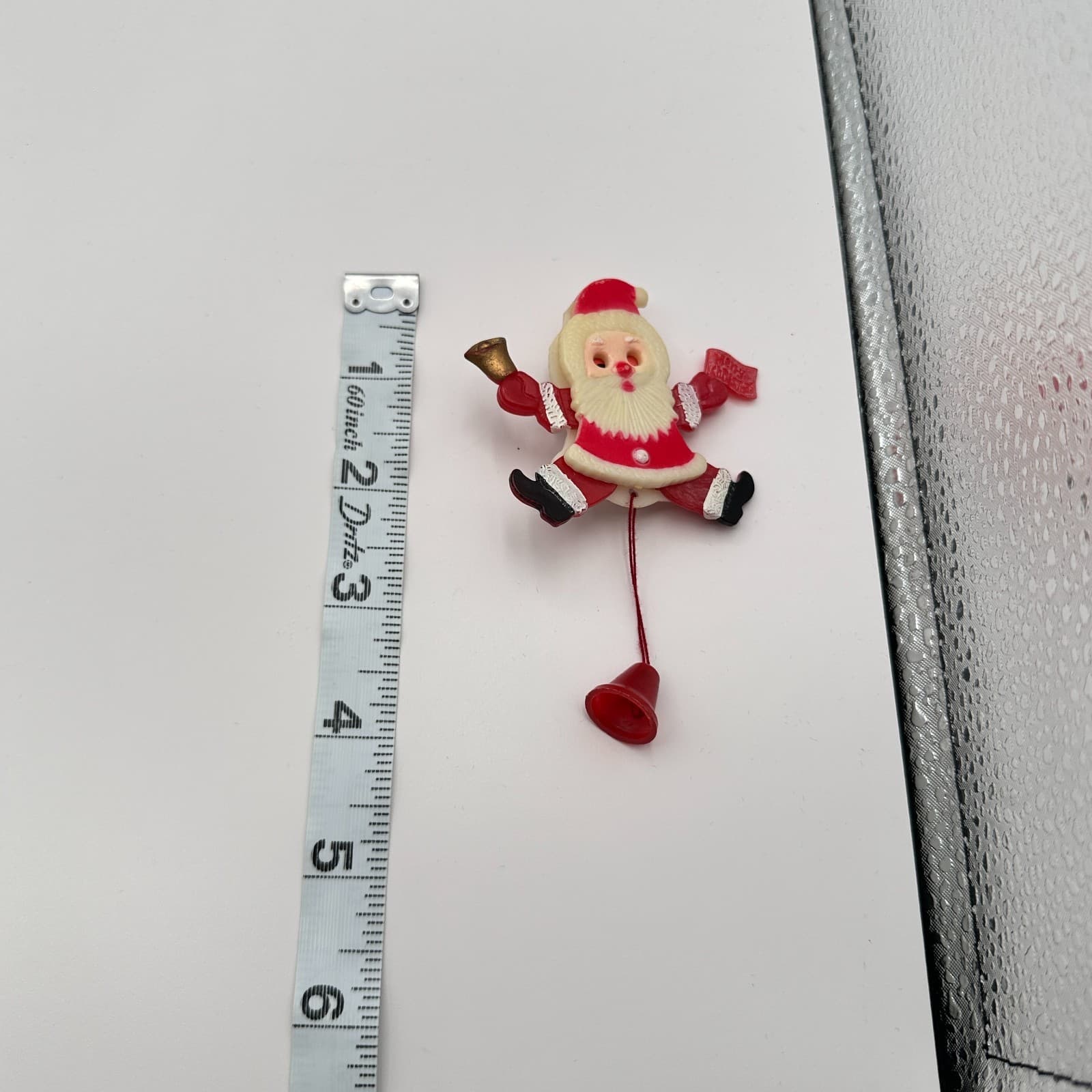 Vintage 80s Santa Claus Brooch Red White Plastic Dangle Bell Christmas Pin - Thumbnail 6