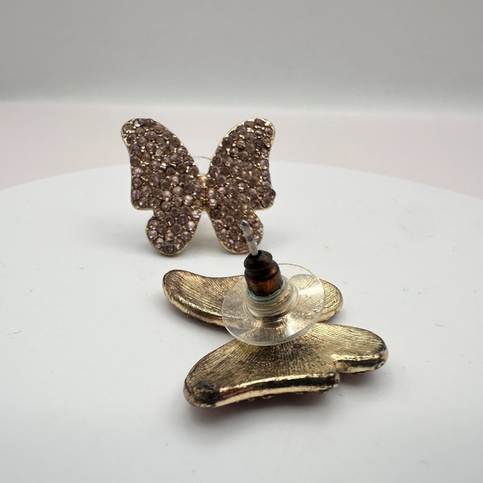 Vintage 90s Gold Tone Pink Glass Pave Butterfly Stud Earrings Fashion Jewelry - Thumbnail 6