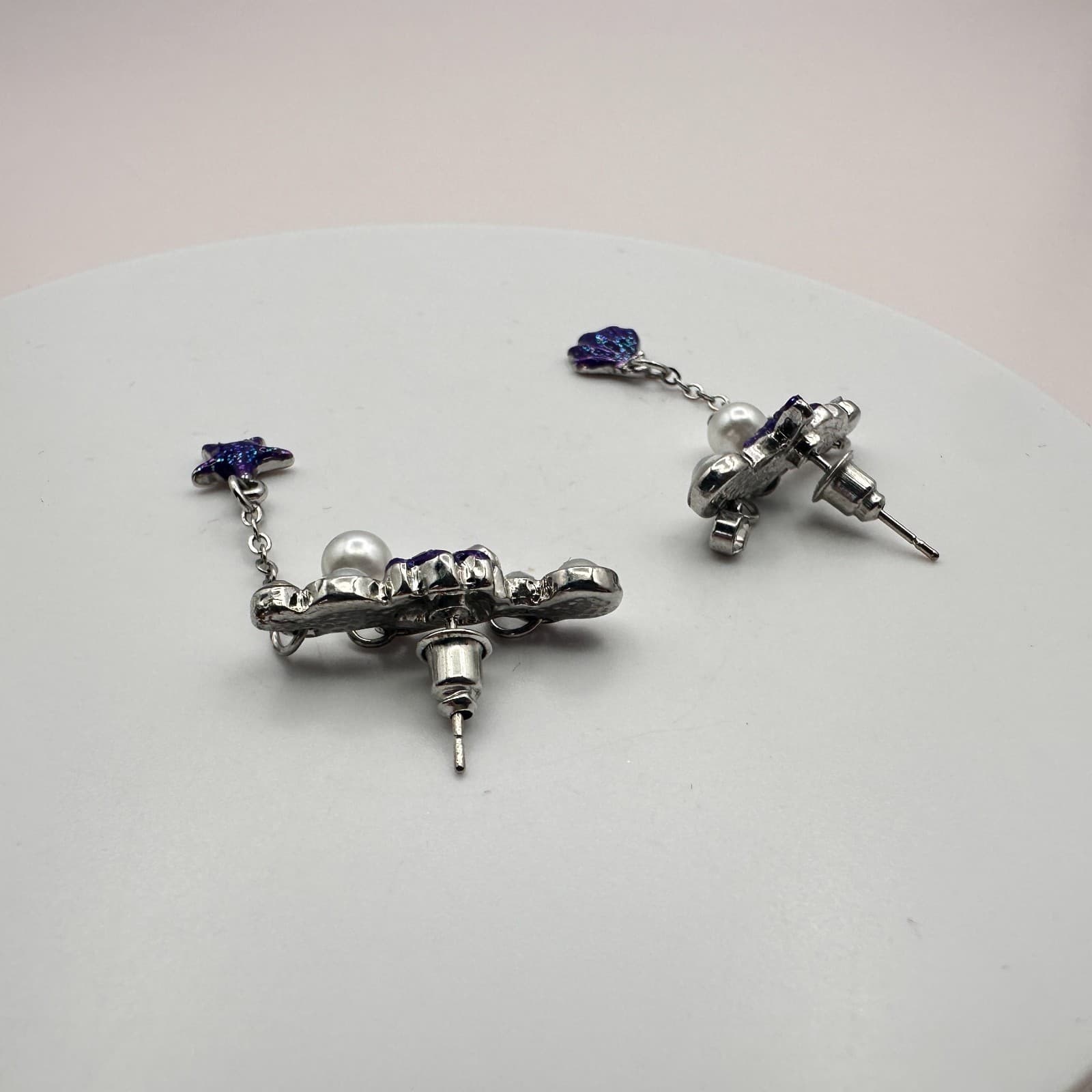 Vintage 90s Sea Shell Starfish Dangle Earrings Glitter Faux Pearl AB Rhinestone - Thumbnail 5