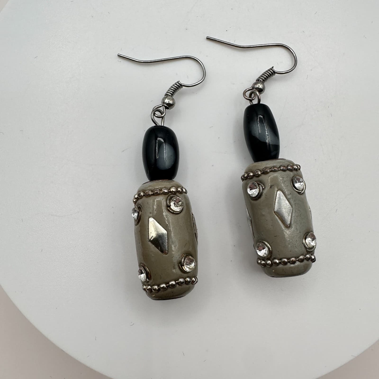 Vintage 90s Silver Tone Beaded Rhinestone Dangle Earrings Women's Jewelry - Thumbnail 3
