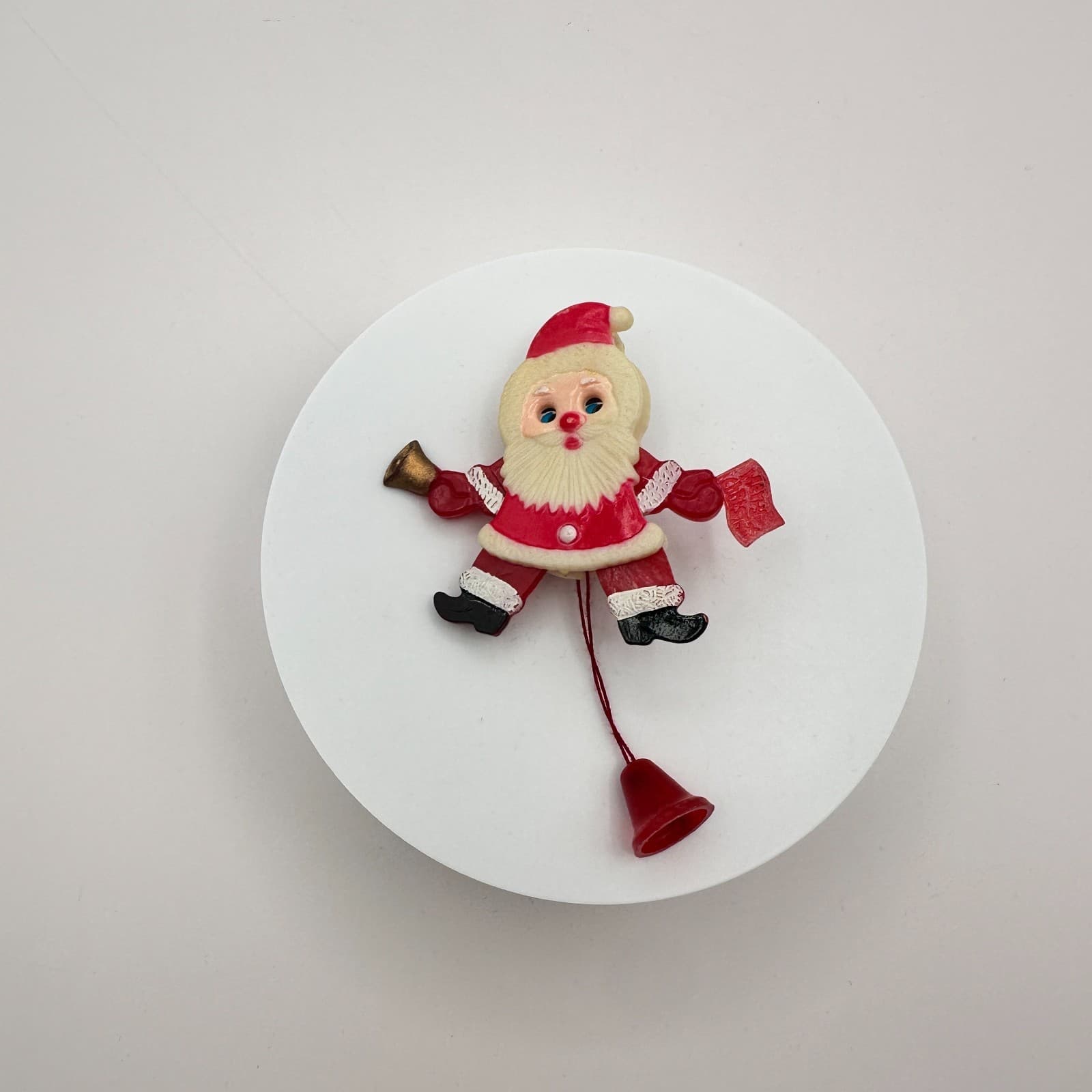 Vintage 80s Santa Claus Brooch Red White Plastic Dangle Bell Christmas Pin - Thumbnail 2