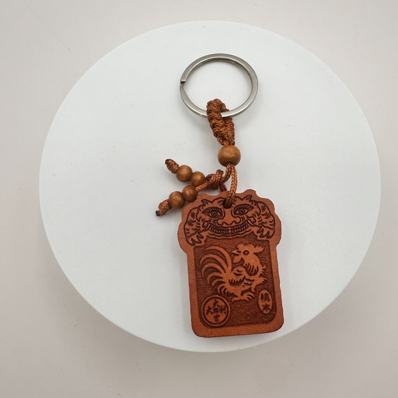 Vintage 90s Chinese Wood Rooster Zodiac Charm Keyring Pendant Brown Carved Style - Thumbnail 5
