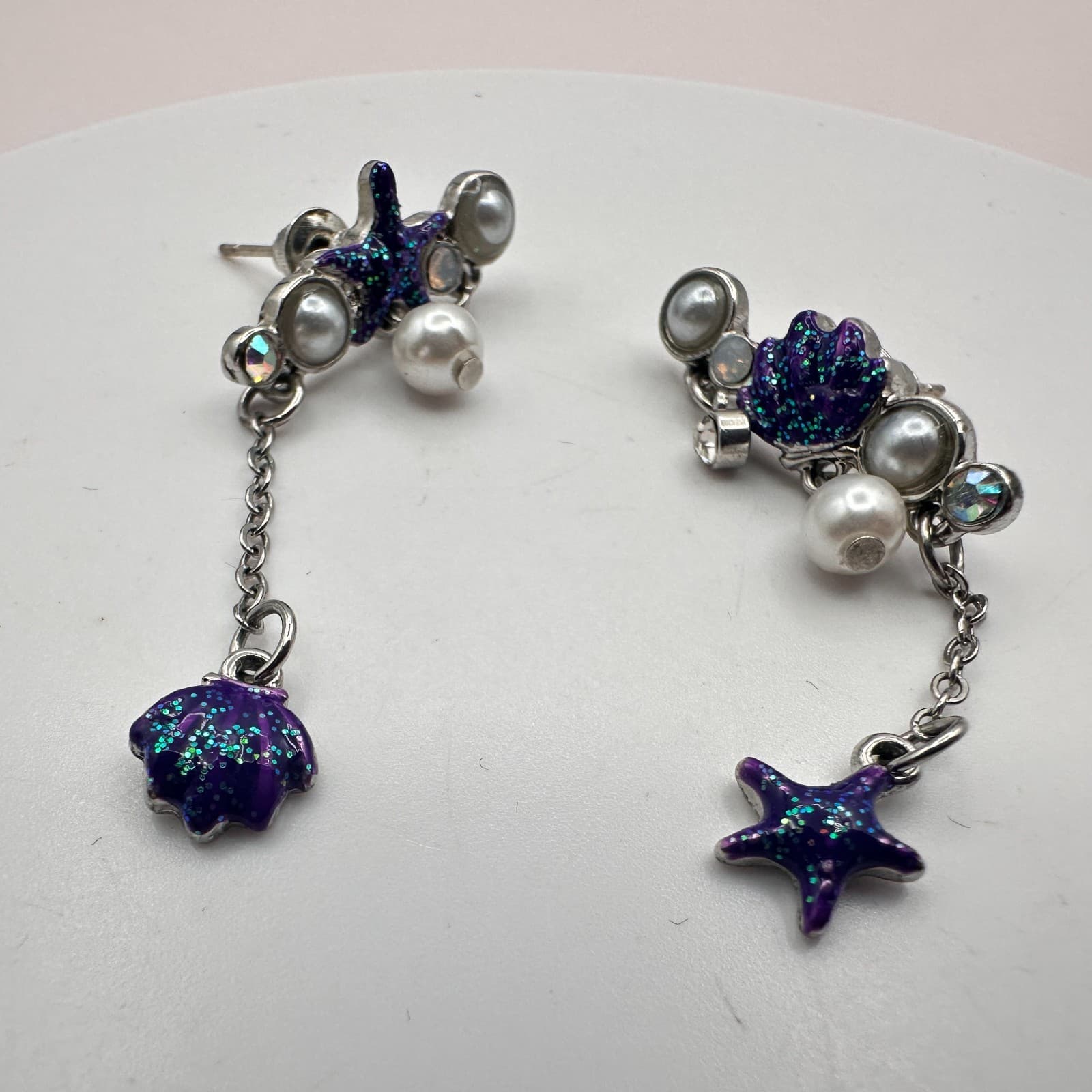 Vintage 90s Sea Shell Starfish Dangle Earrings Glitter Faux Pearl AB Rhinestone - Thumbnail 7