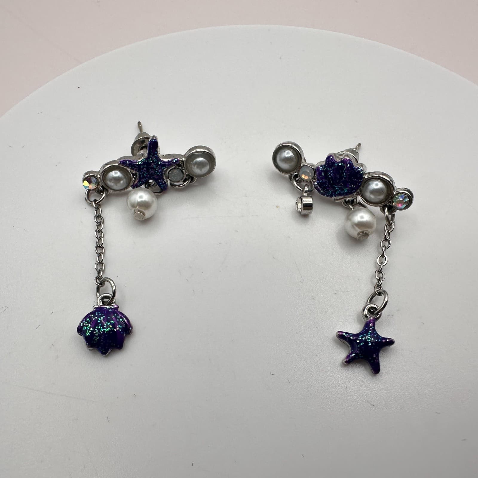 Vintage 90s Sea Shell Starfish Dangle Earrings Glitter Faux Pearl AB Rhinestone - Thumbnail 3