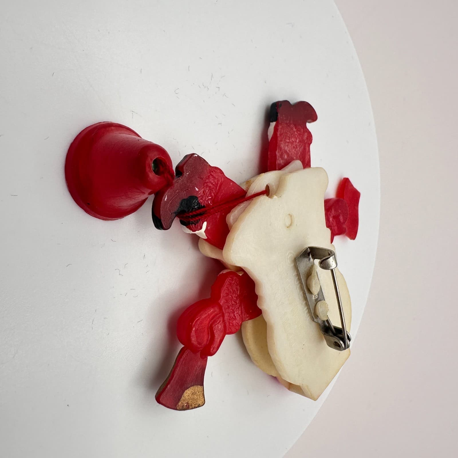Vintage 80s Santa Claus Brooch Red White Plastic Dangle Bell Christmas Pin - Thumbnail 5