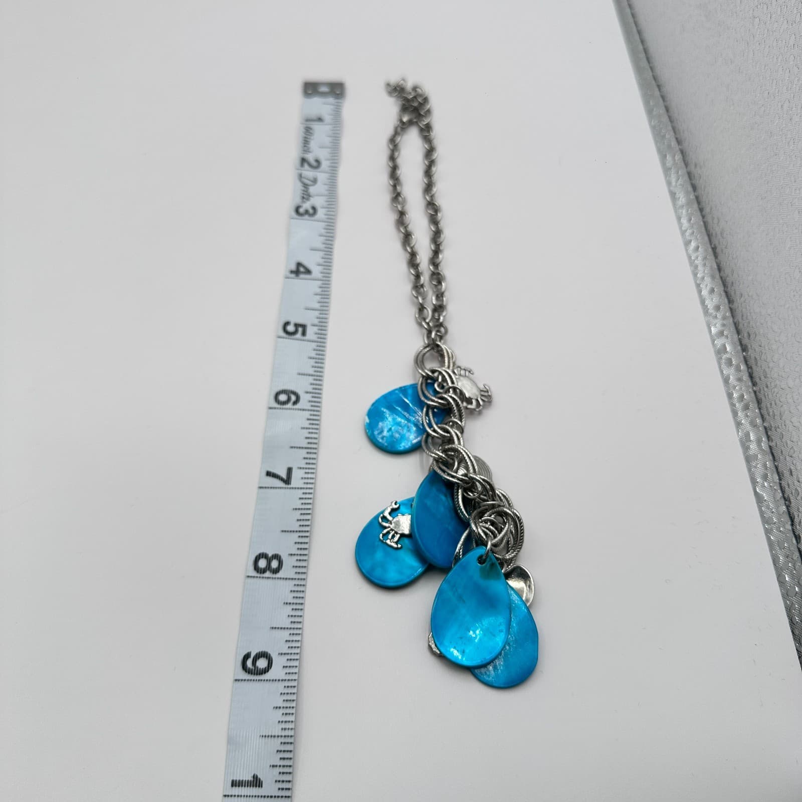 Vintage Y2K Teal Shell Charm Necklace Silver Tone Seahorse Crab Scallop Jewelry - Thumbnail 9
