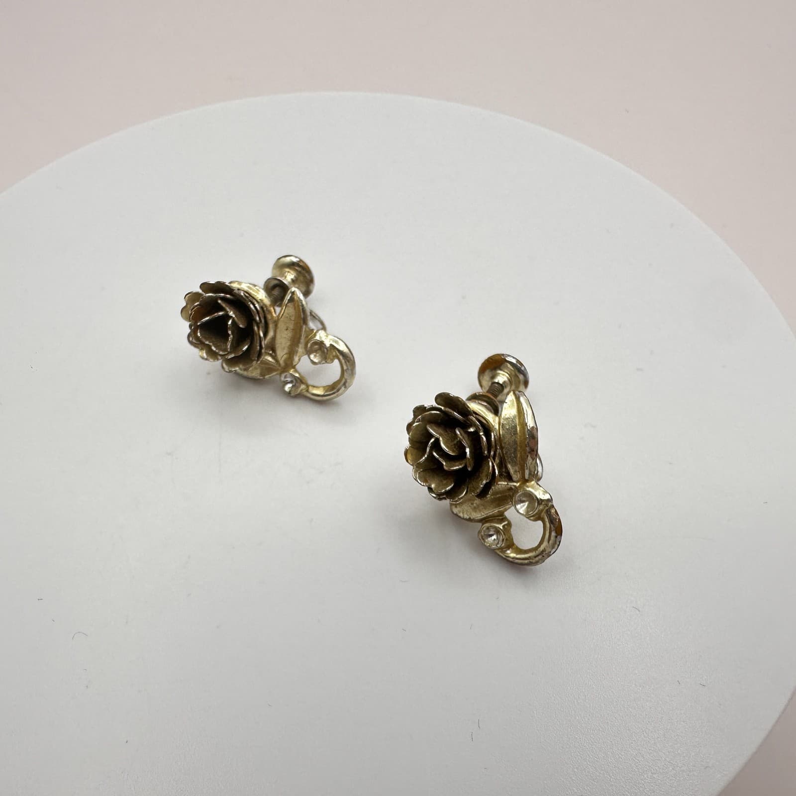 Vintage 90s Gold Tone Rose Floral Rhinestone Earrings Women's Classic Jewelry - Thumbnail 2