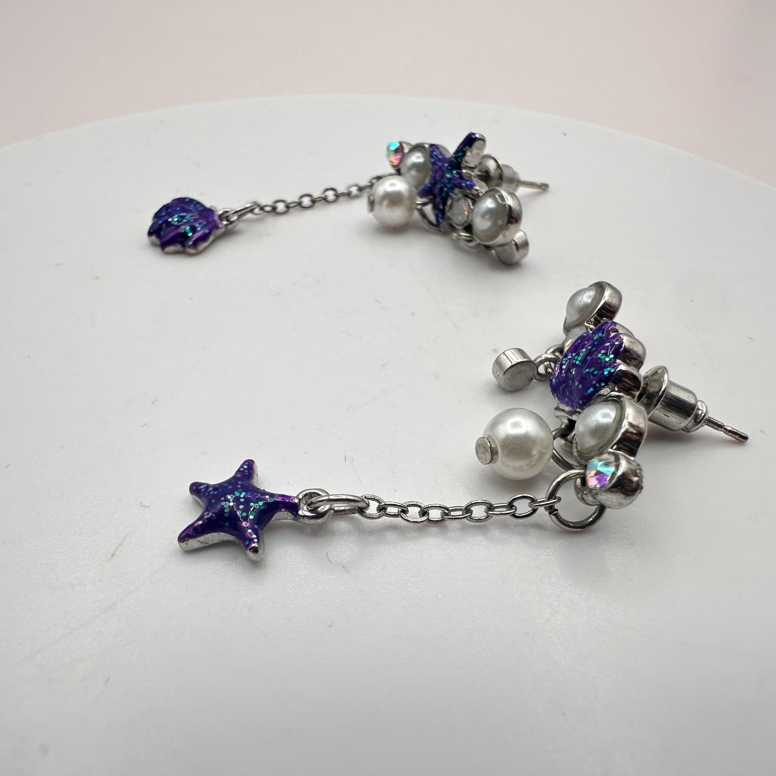 Vintage 90s Sea Shell Starfish Dangle Earrings Glitter Faux Pearl AB Rhinestone - Thumbnail 4