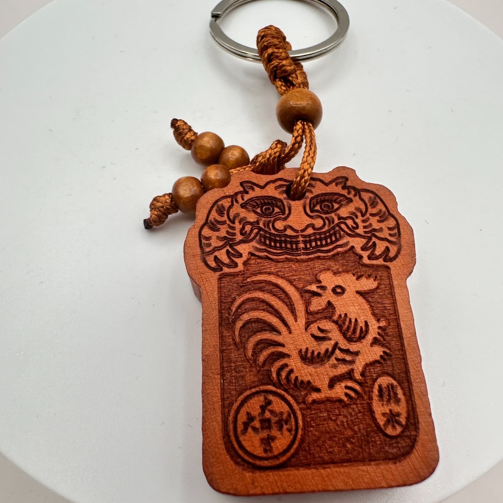 Vintage 90s Chinese Wood Rooster Zodiac Charm Keyring Pendant Brown Carved Style - Thumbnail 3