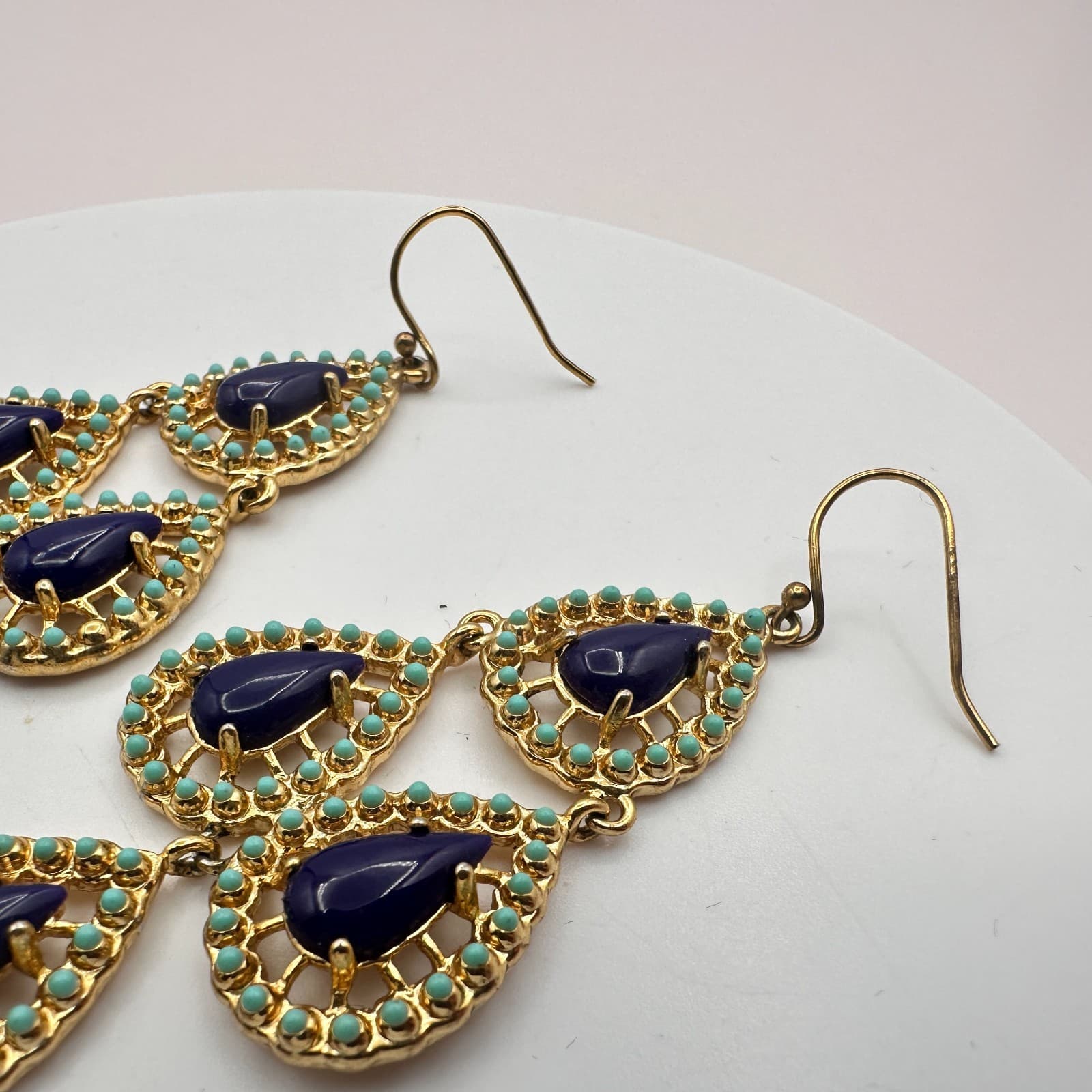 Vintage Y2K Gold Tone Purple Teardrop Beaded Chandelier Earrings Women's Jewelry - Thumbnail 2