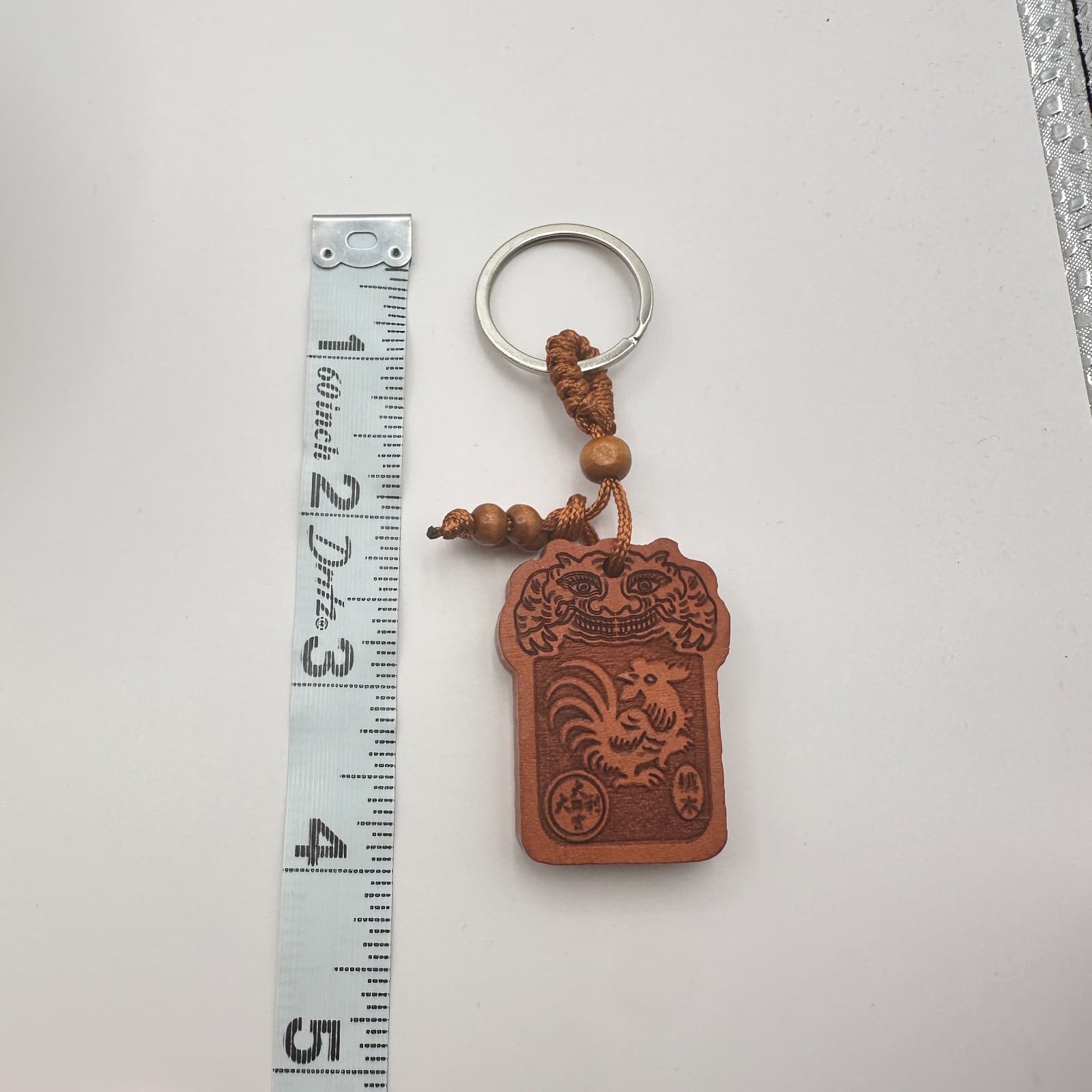 Vintage 90s Chinese Wood Rooster Zodiac Charm Keyring Pendant Brown Carved Style - Thumbnail 7