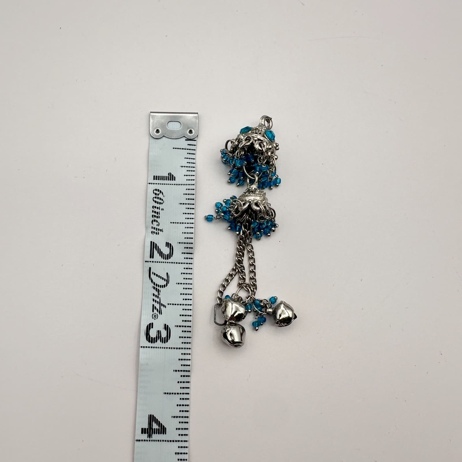 Vintage 90s Silver Tone Jhumka Bell Tassel Pendant Blue Seed Beaded Jewelry - Thumbnail 7