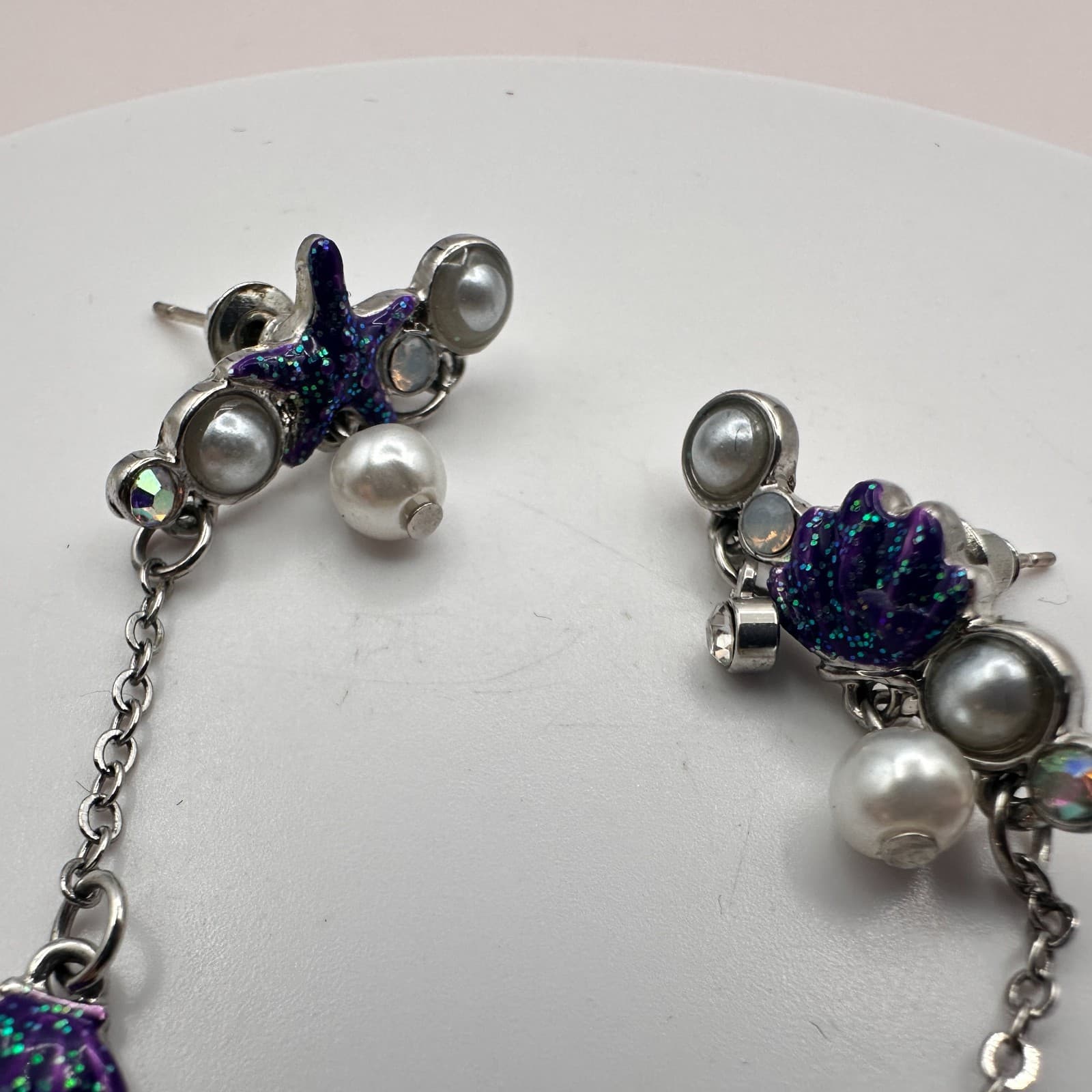 Vintage 90s Sea Shell Starfish Dangle Earrings Glitter Faux Pearl AB Rhinestone - Thumbnail 8