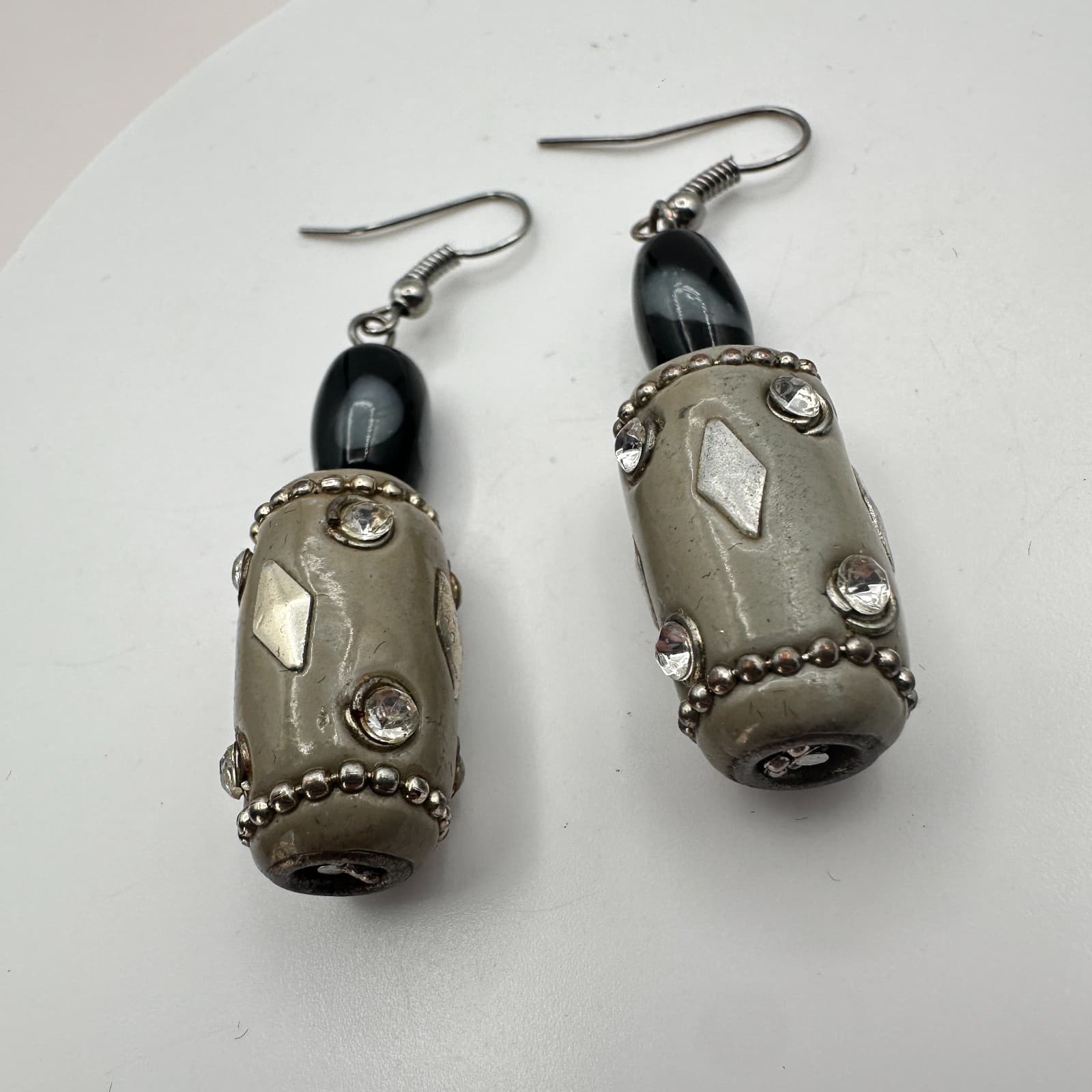 Vintage 90s Silver Tone Beaded Rhinestone Dangle Earrings Women's Jewelry - Thumbnail 6