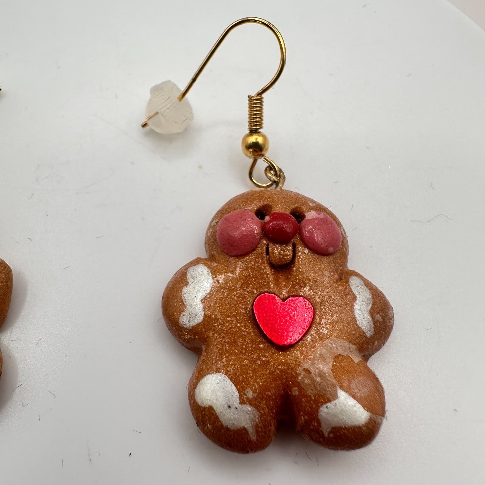 Vintage 90s Brown Gingerbread Man Dangle Earrings Red Heart Christmas Holiday - Thumbnail 5