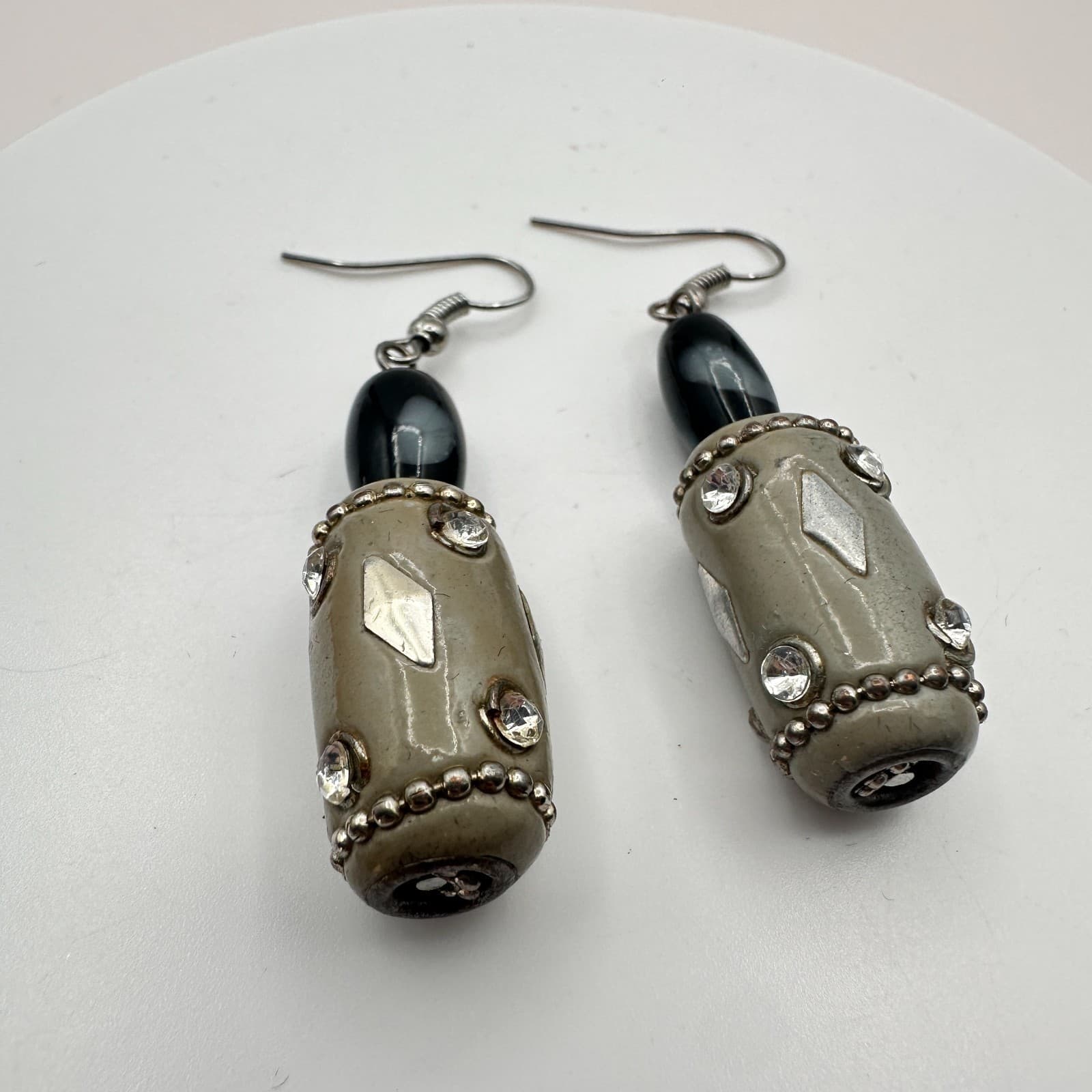 Vintage 90s Silver Tone Beaded Rhinestone Dangle Earrings Women's Jewelry - Thumbnail 4