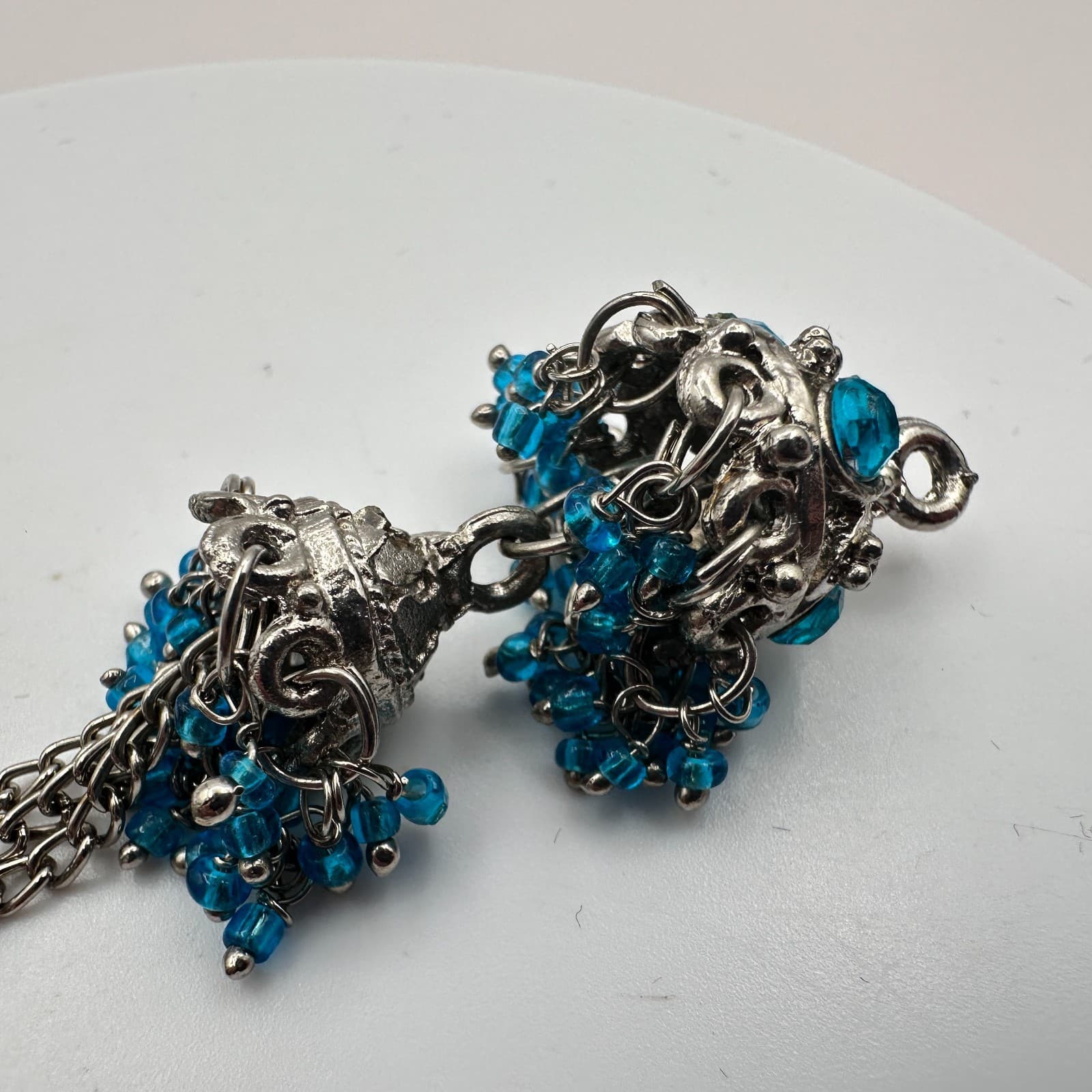 Vintage 90s Silver Tone Jhumka Bell Tassel Pendant Blue Seed Beaded Jewelry - Thumbnail 5