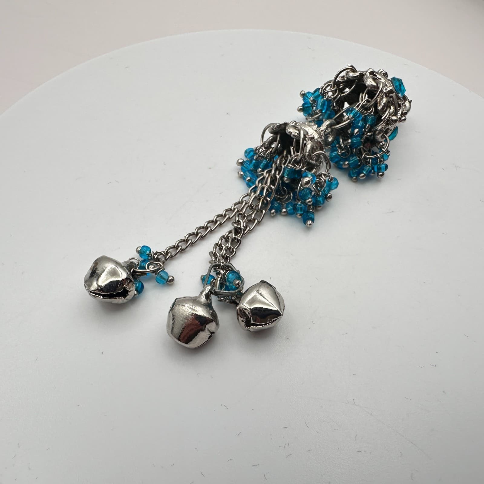 Vintage 90s Silver Tone Jhumka Bell Tassel Pendant Blue Seed Beaded Jewelry - Thumbnail 6