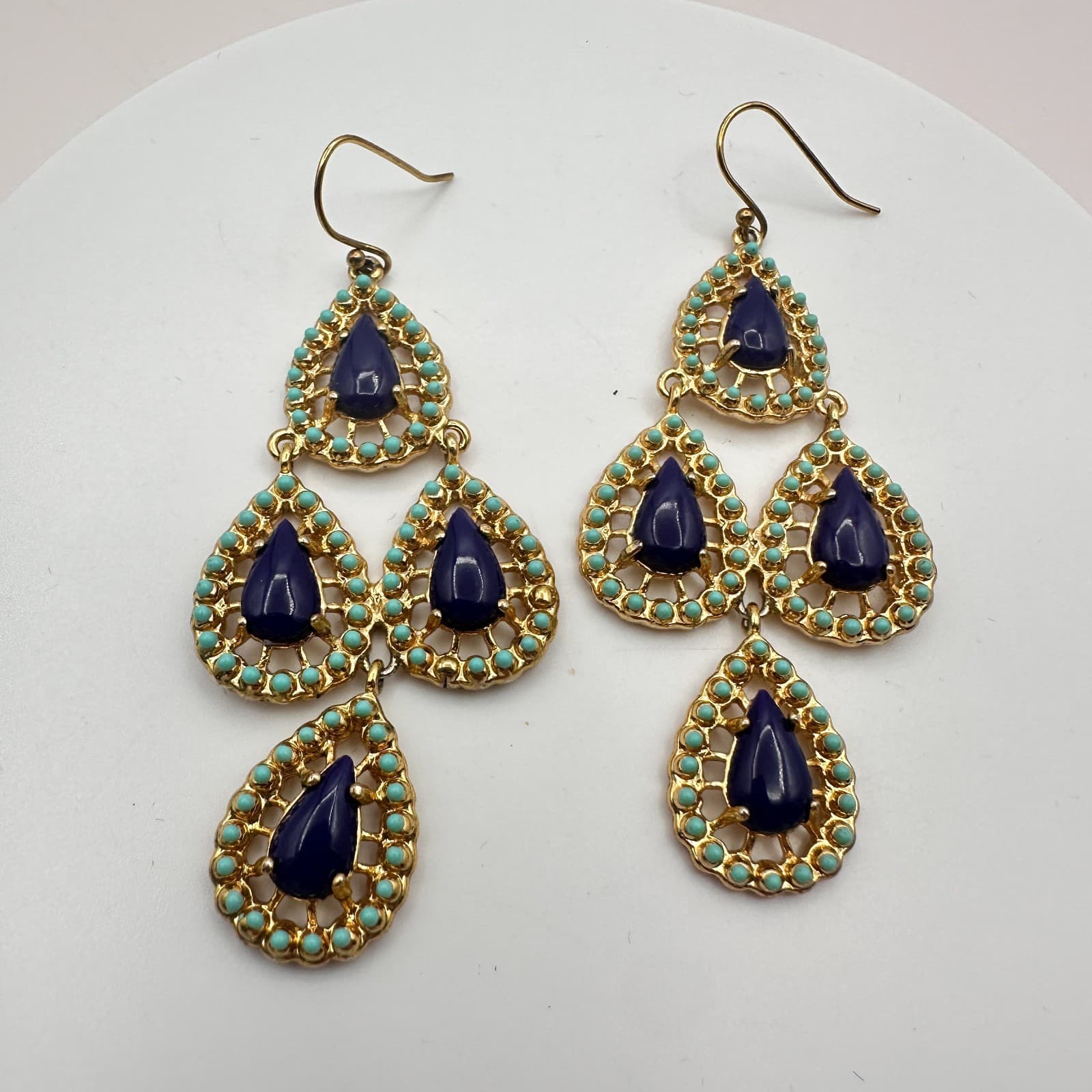Vintage Y2K Gold Tone Purple Teardrop Beaded Chandelier Earrings Women's Jewelry - Thumbnail 5
