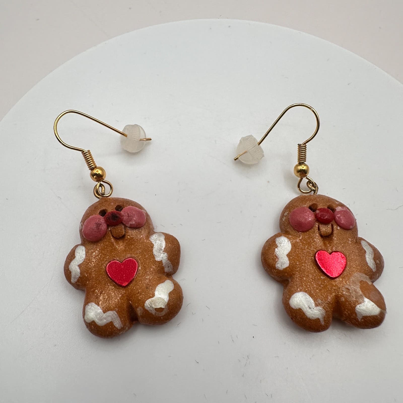 Vintage 90s Brown Gingerbread Man Dangle Earrings Red Heart Christmas Holiday - Thumbnail 4
