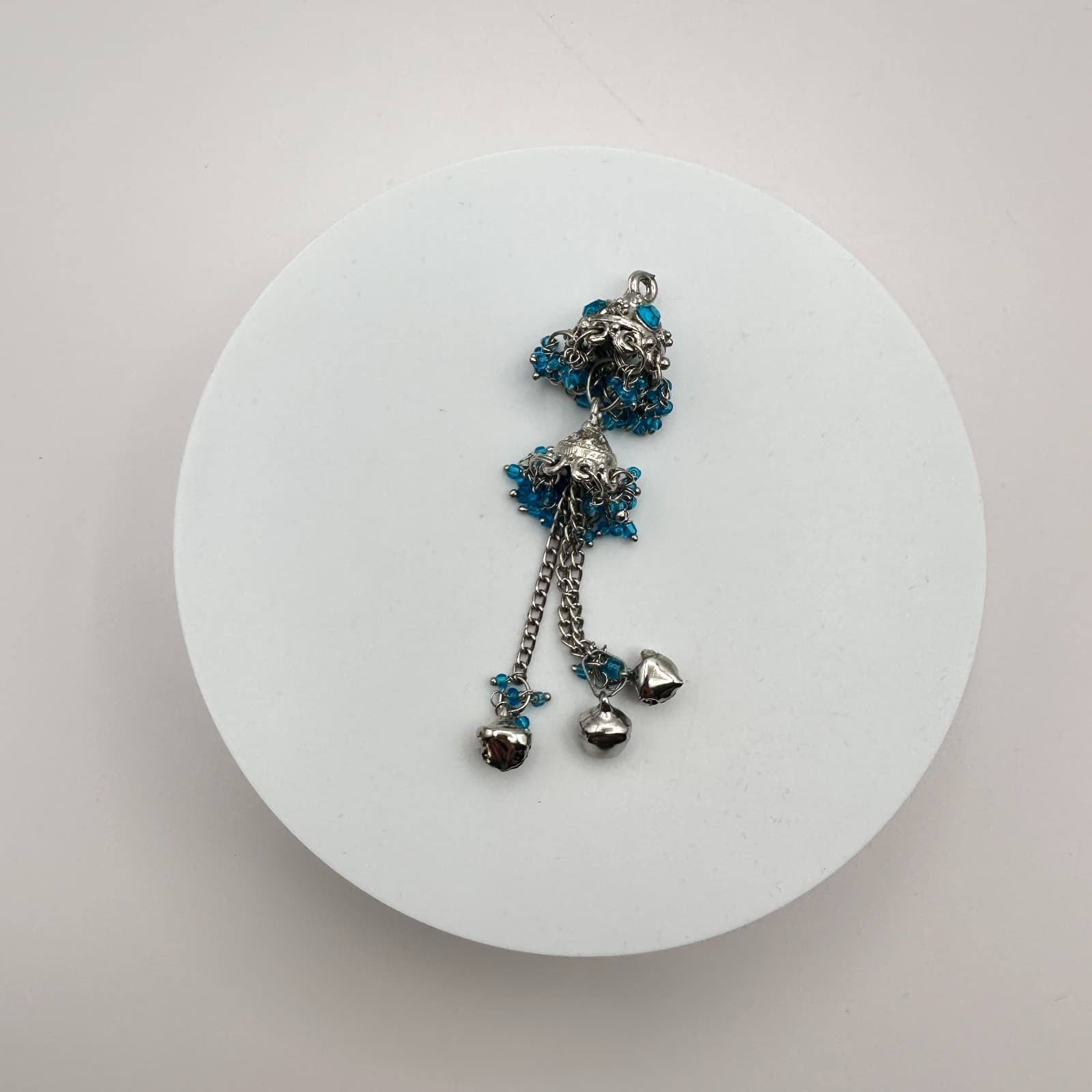 Vintage 90s Silver Tone Jhumka Bell Tassel Pendant Blue Seed Beaded Jewelry - Thumbnail 2