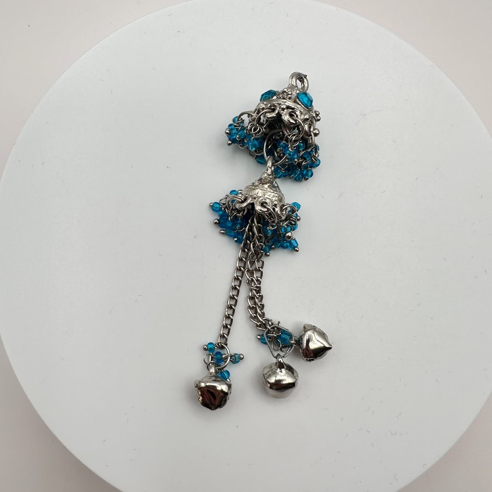 Vintage 90s Silver Tone Jhumka Bell Tassel Pendant Blue Seed Beaded Jewelry - Thumbnail 3