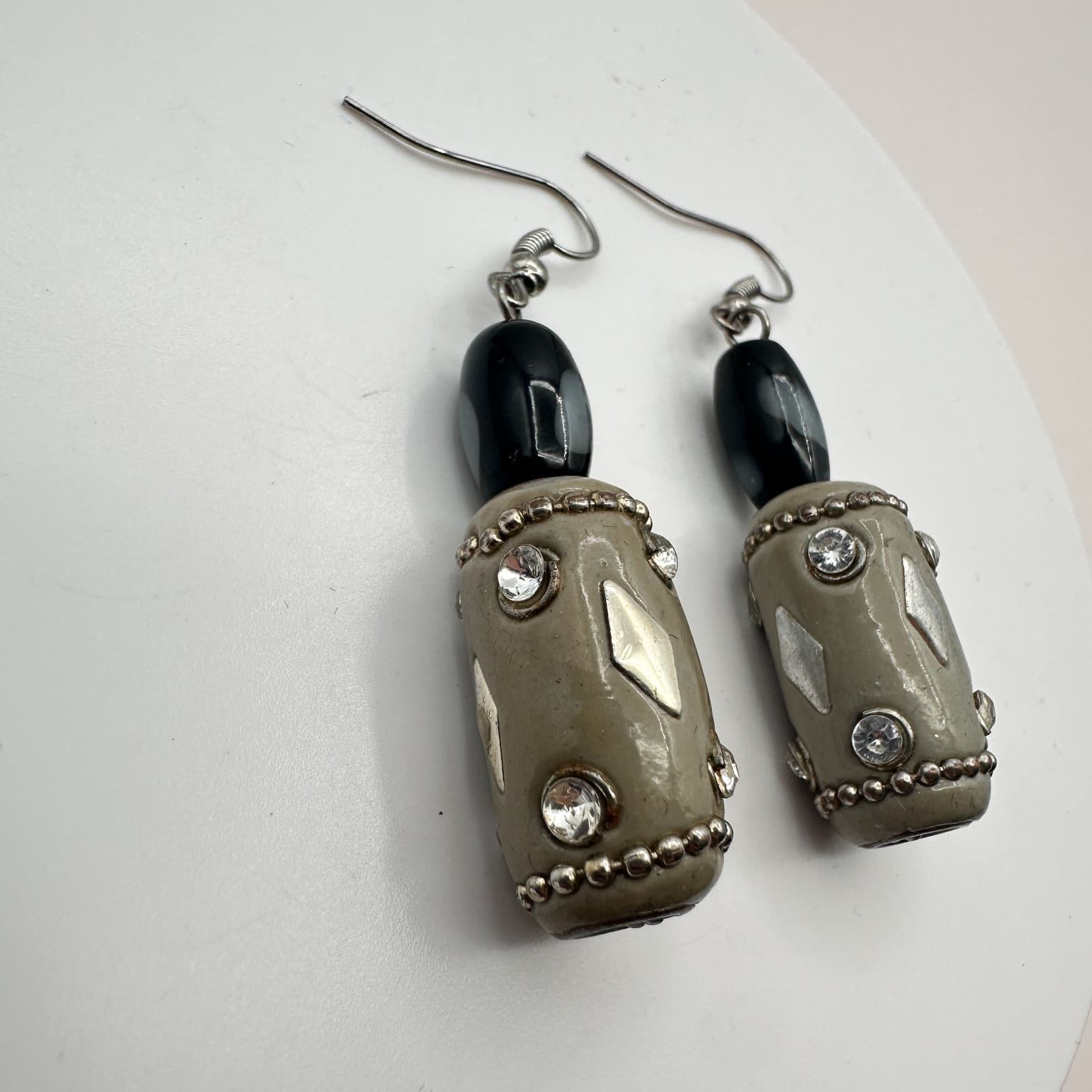Vintage 90s Silver Tone Beaded Rhinestone Dangle Earrings Women's Jewelry - Thumbnail 5