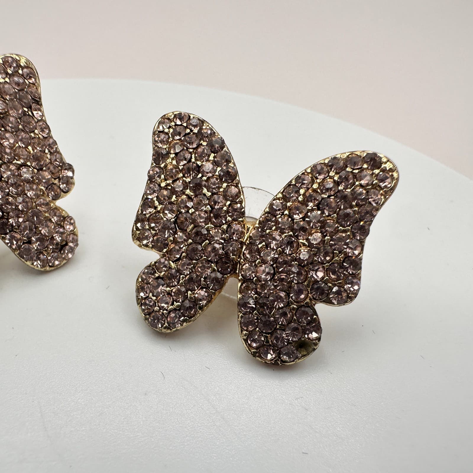 Vintage 90s Gold Tone Pink Glass Pave Butterfly Stud Earrings Fashion Jewelry - Thumbnail 5