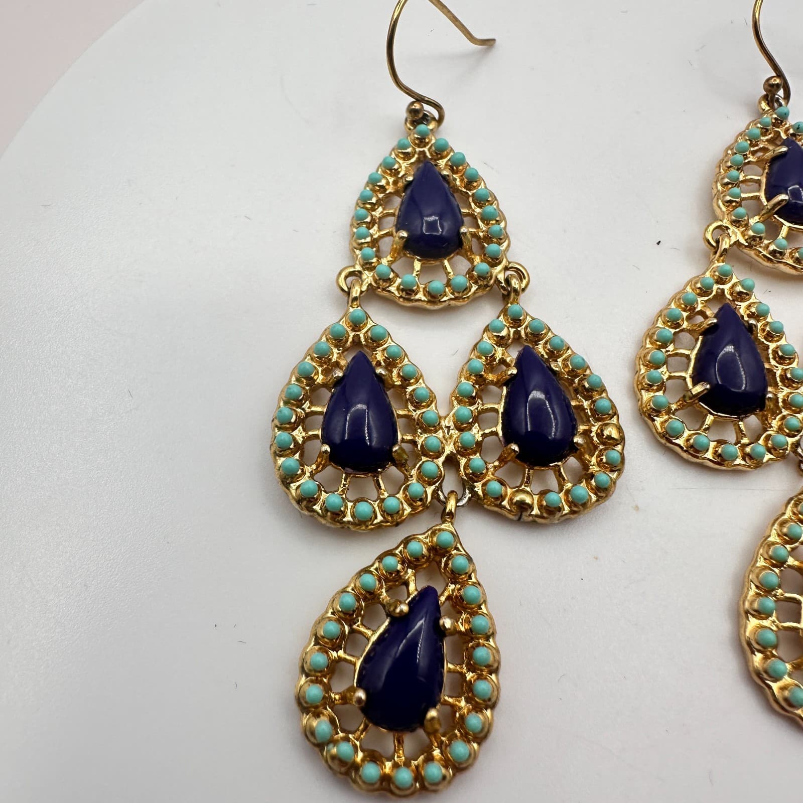 Vintage Y2K Gold Tone Purple Teardrop Beaded Chandelier Earrings Women's Jewelry - Thumbnail 4