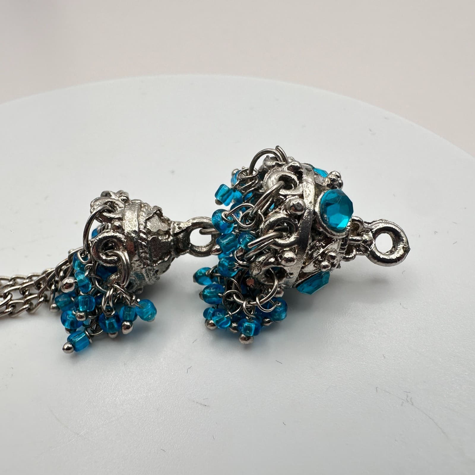 Vintage 90s Silver Tone Jhumka Bell Tassel Pendant Blue Seed Beaded Jewelry - Thumbnail 4