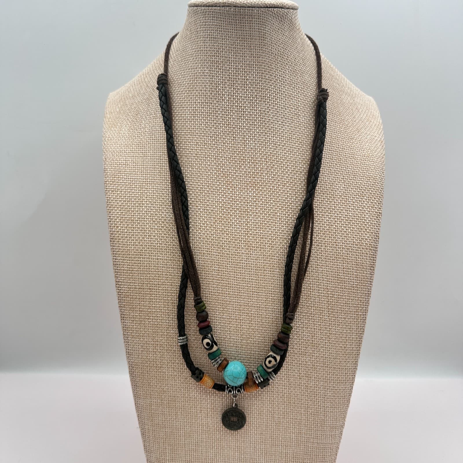 Vintage 90s Boho Double Strand Braided Leather Turquoise Coin Pendant Jewelry - Thumbnail 8